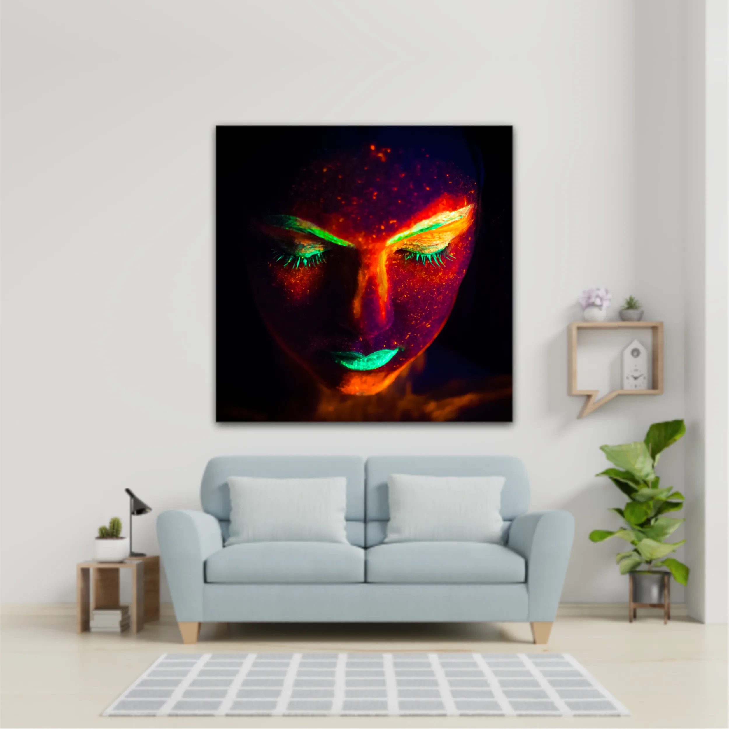 Portrait of woman with fluorescent paint makeup under UV neon light