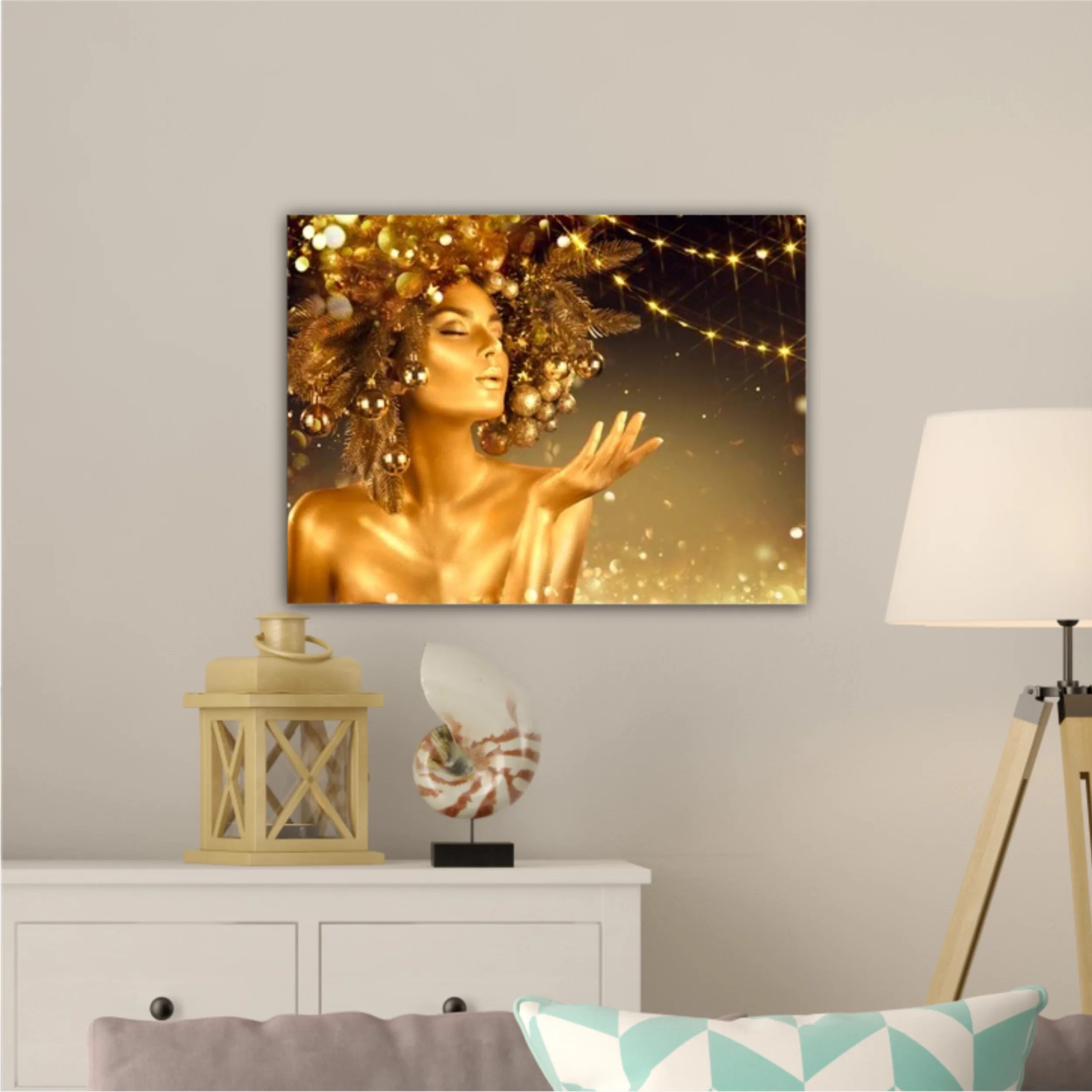 Blowing blinking stars, Beautiful New Year, Christmas Tree Holiday Hairstyle and gold skin Makeup. Gift. Girl in decorated Xmas wreath. Beauty Model