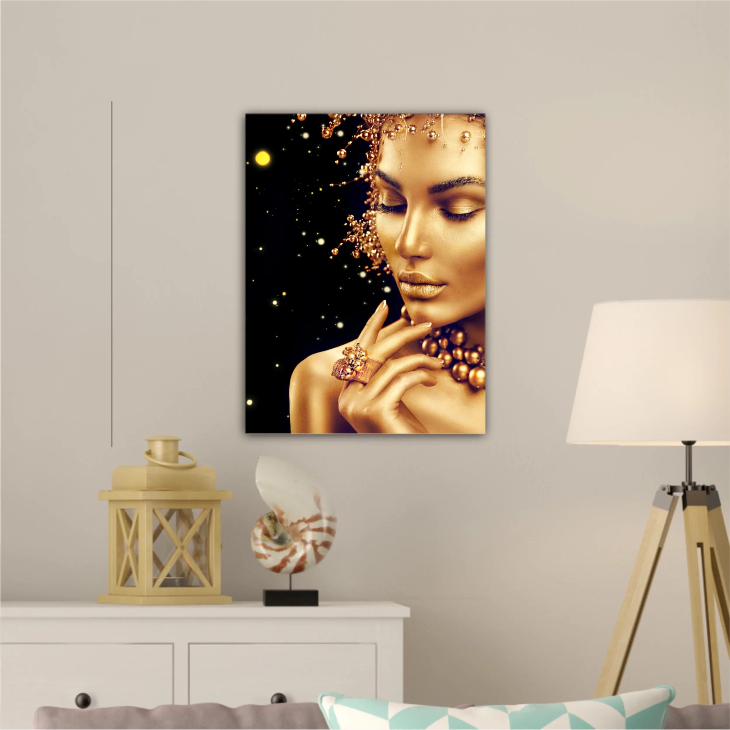 Hair and jewellery on black background. Gold earrings, ring and necklace. Metallic, glance Fashion art portrait, Hairstyle and make up