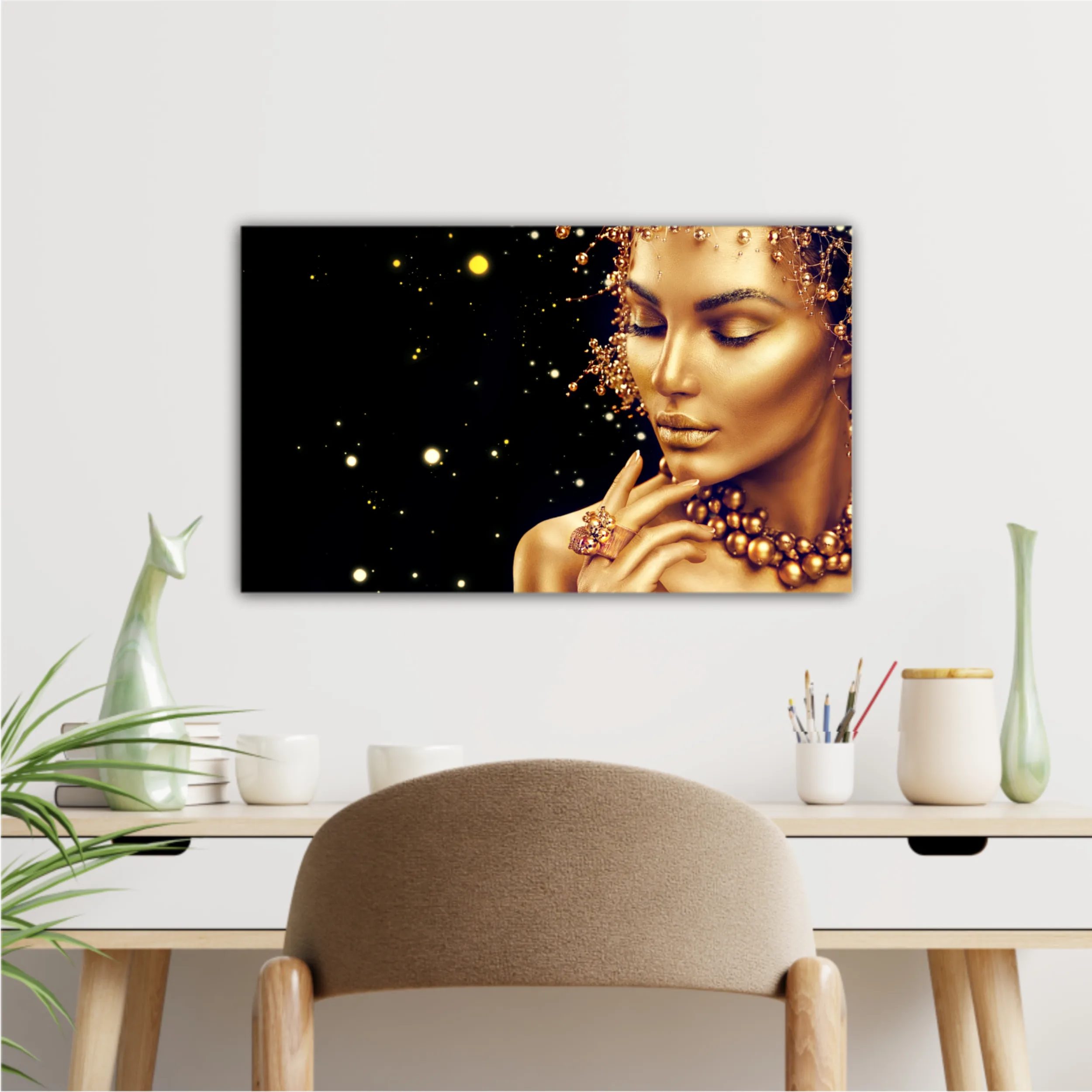Hair and jewellery on black background. Gold earrings, ring and necklace. Metallic, glance Fashion art portrait, Hairstyle and make up