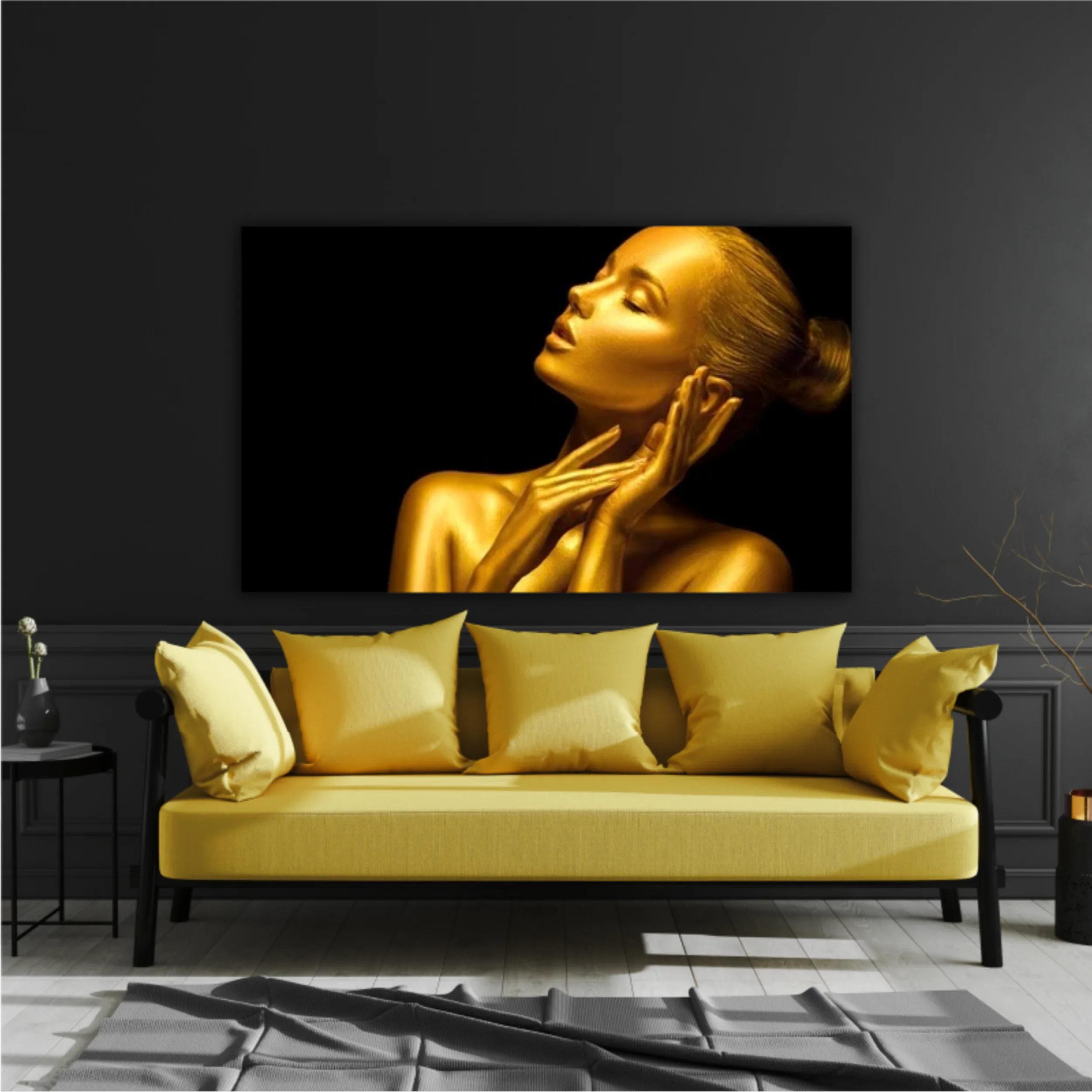Model girl with holiday golden Glamour shiny professional makeup. Gold jewellery, jewelry, accessories. Beauty gold metallic body, painted Skin