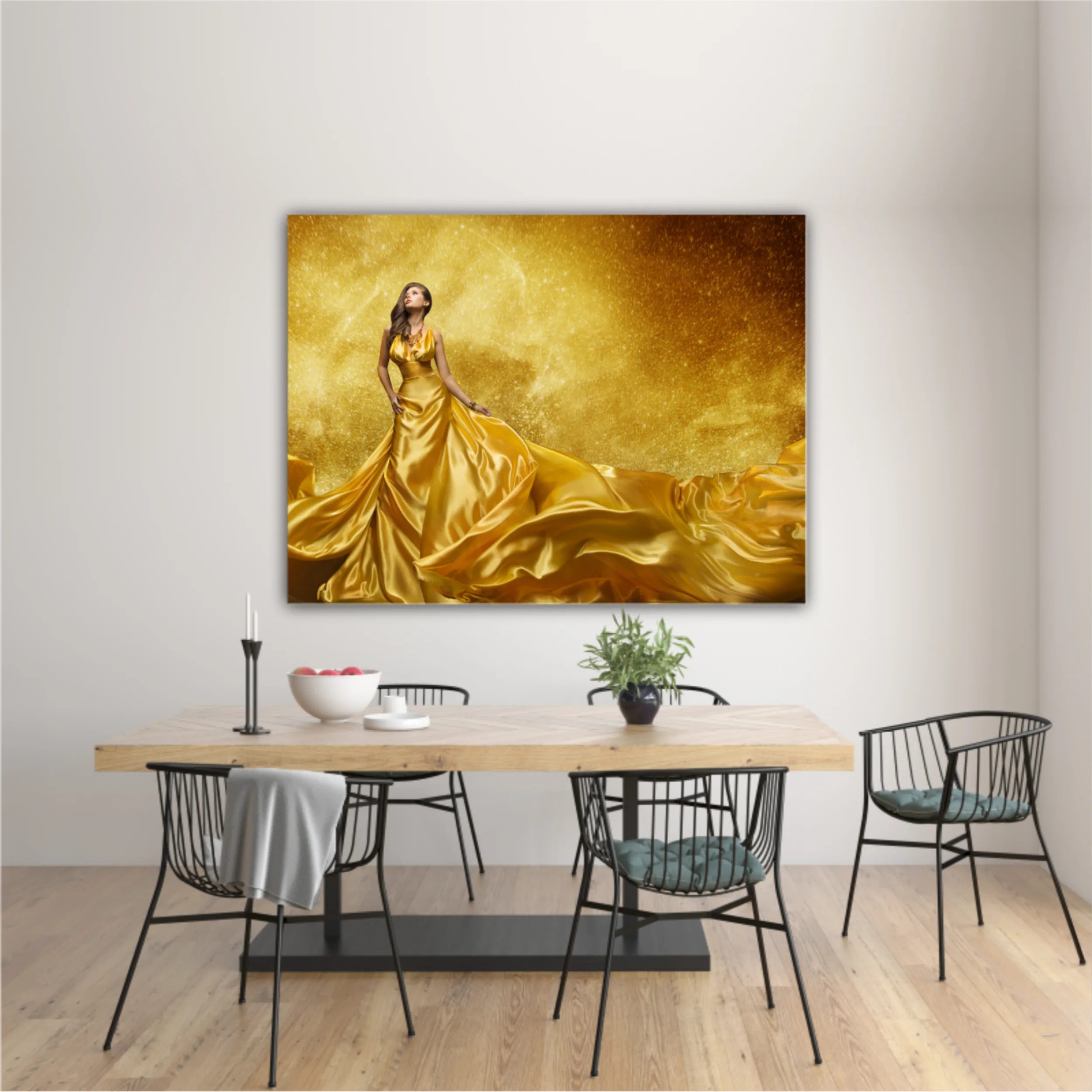 Gold Fashion Model Dress, Woman In Golden Silk Gown Flowing Fabric. Beautiful Girl on Stars Sky looking up