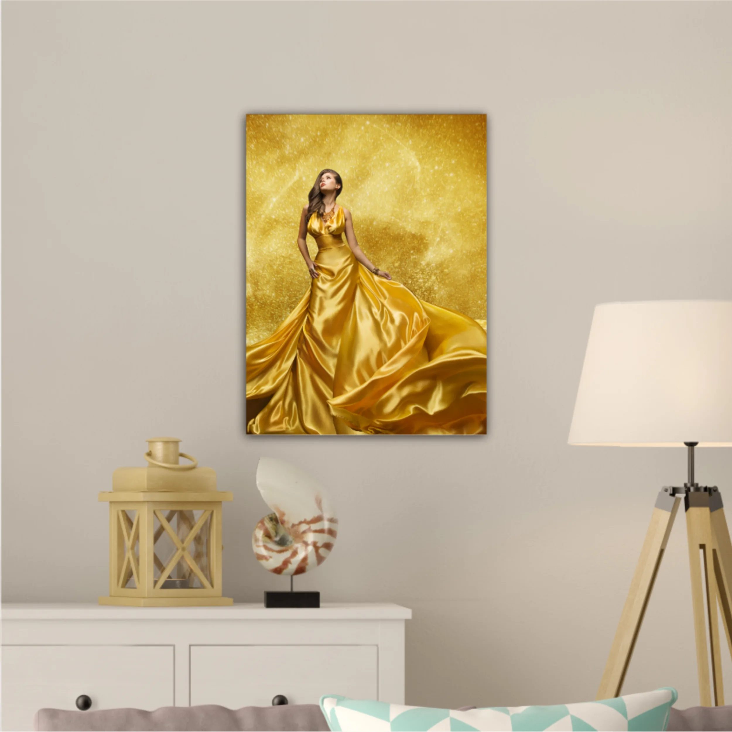 Gold Fashion Model Dress, Woman In Golden Silk Gown Flowing Fabric. Beautiful Girl on Stars Sky looking up