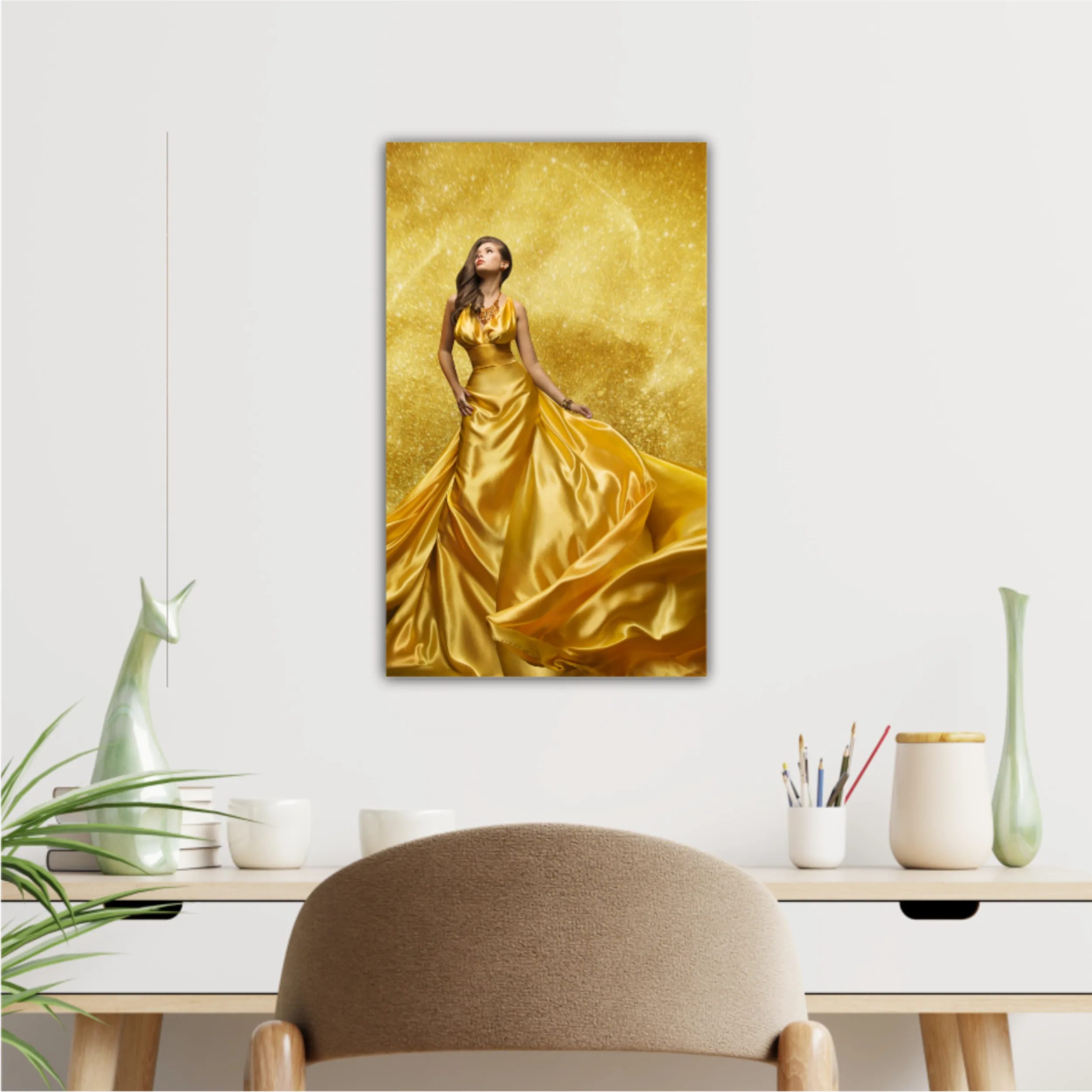 Gold Fashion Model Dress, Woman In Golden Silk Gown Flowing Fabric. Beautiful Girl on Stars Sky looking up