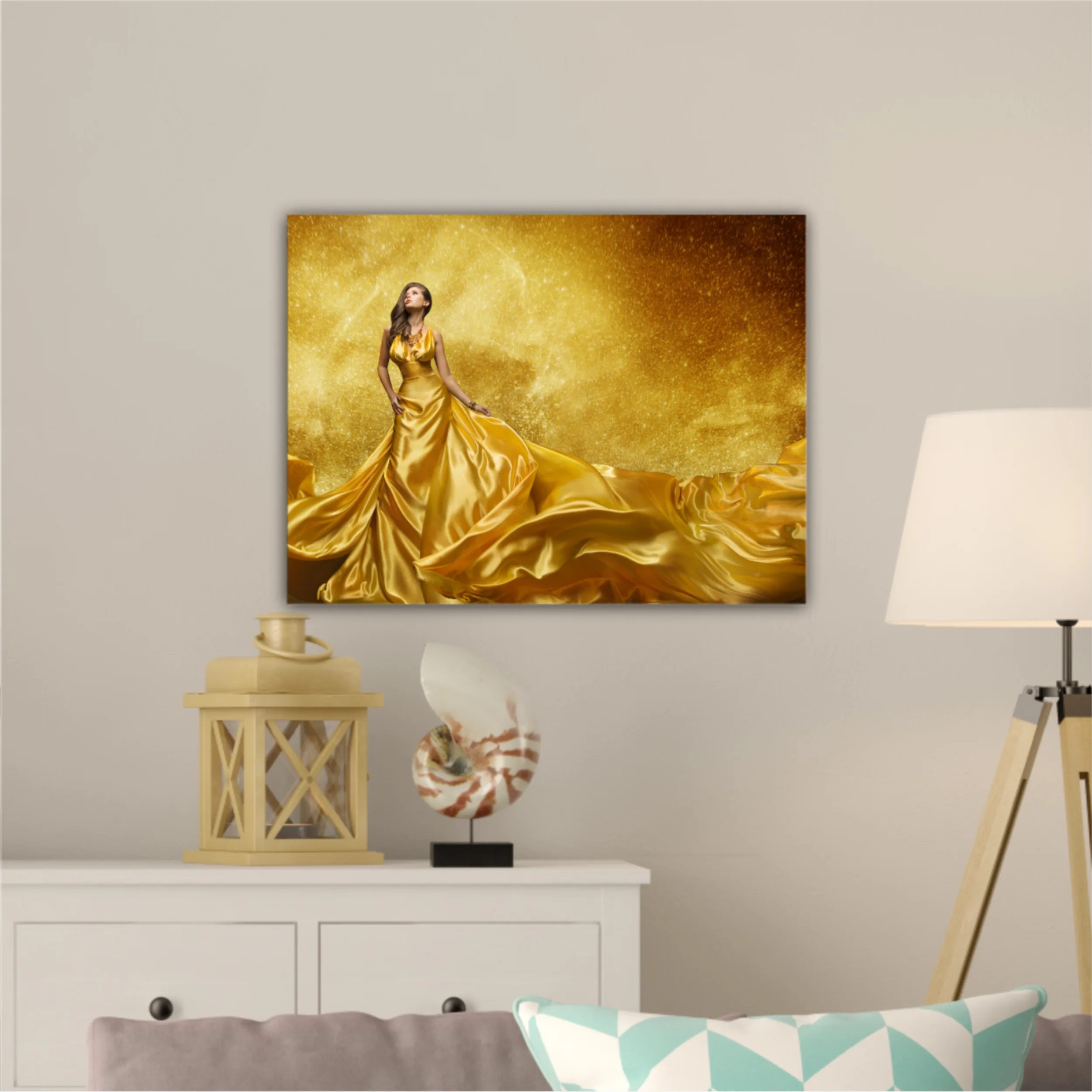 Gold Fashion Model Dress, Woman In Golden Silk Gown Flowing Fabric. Beautiful Girl on Stars Sky looking up