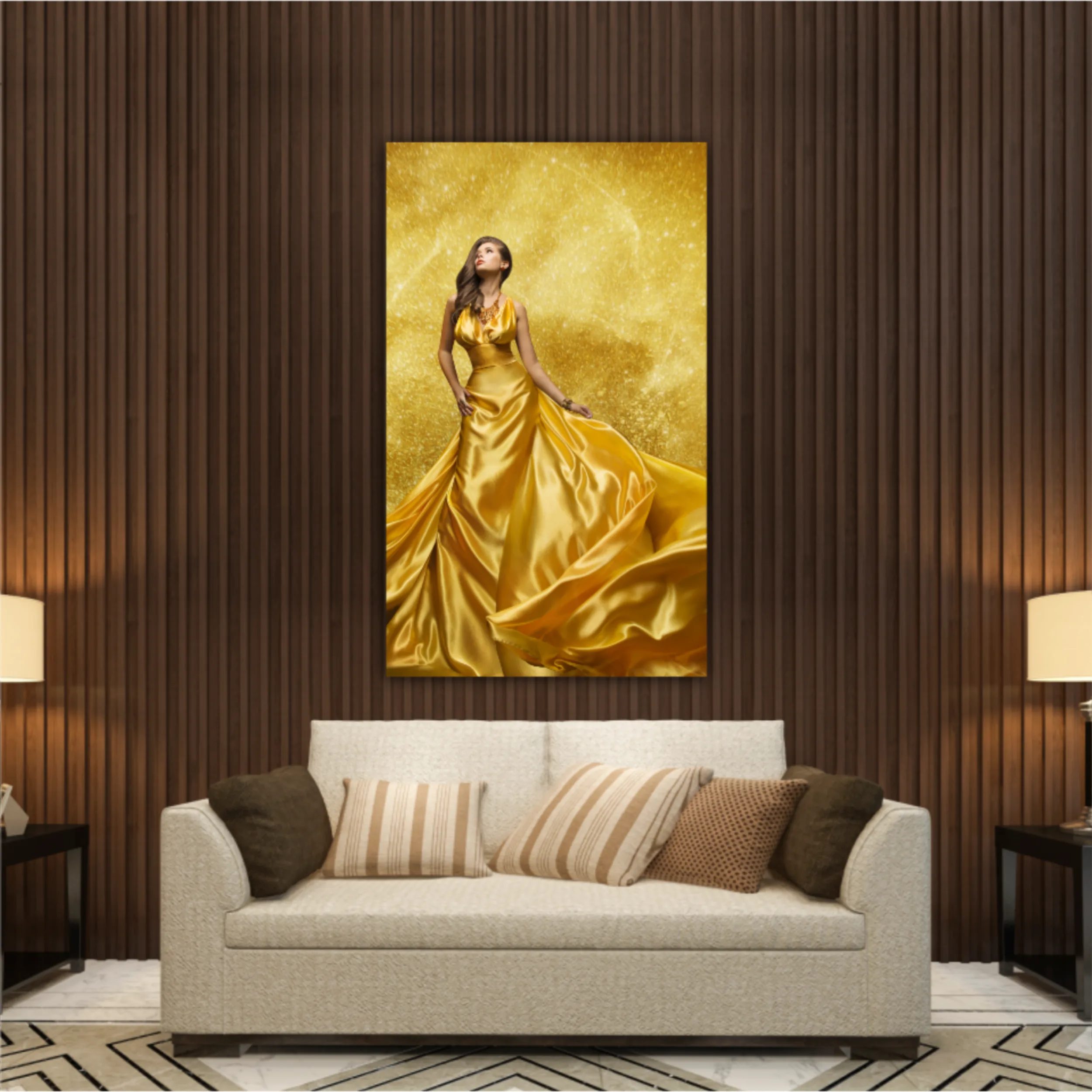 Gold Fashion Model Dress, Woman In Golden Silk Gown Flowing Fabric. Beautiful Girl on Stars Sky looking up