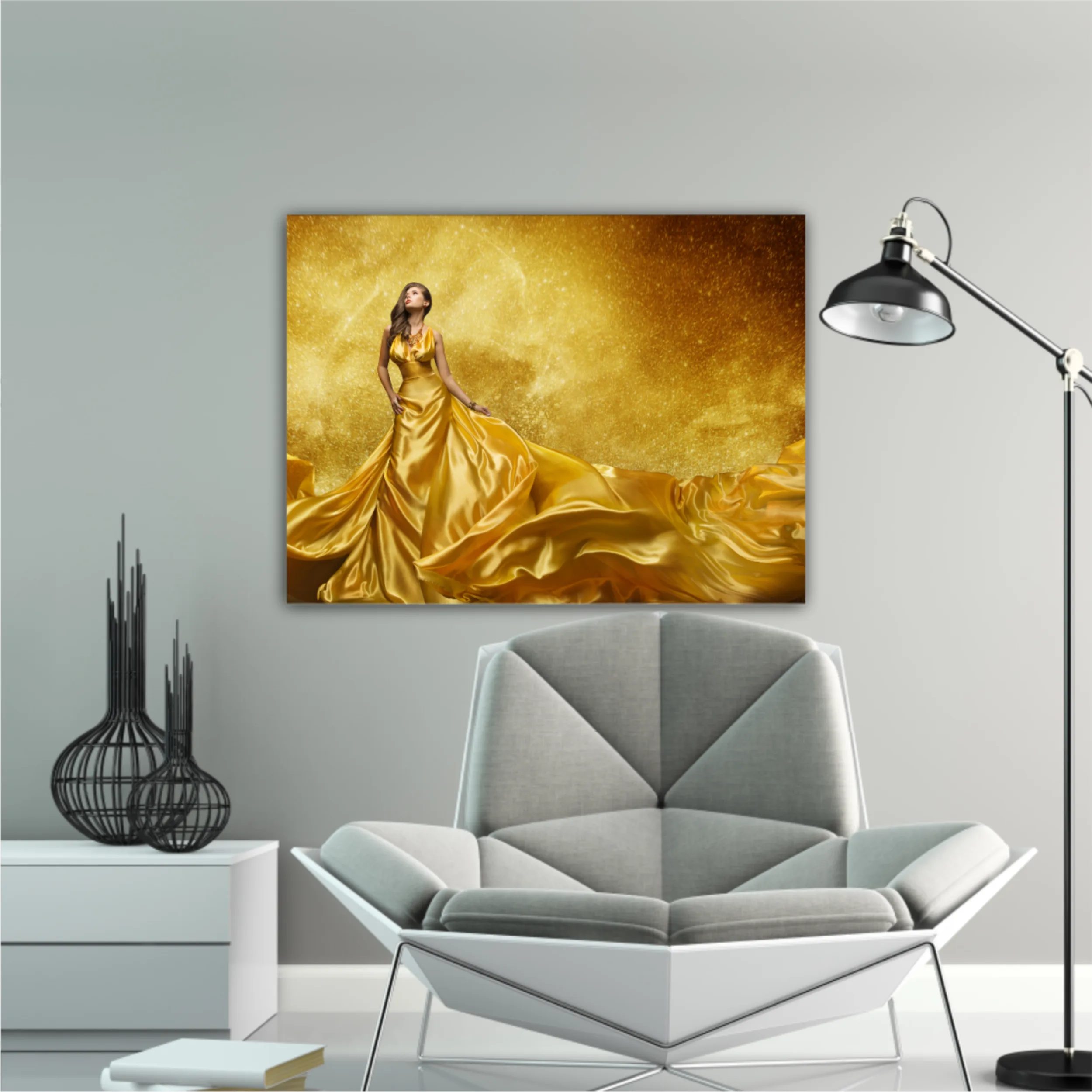 Gold Fashion Model Dress, Woman In Golden Silk Gown Flowing Fabric. Beautiful Girl on Stars Sky looking up