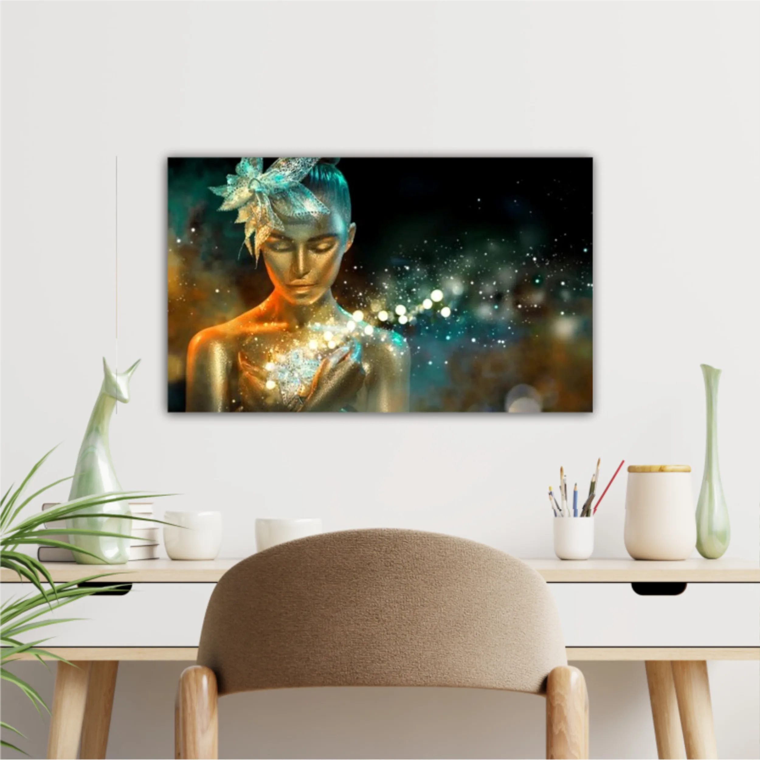 High Fashion model woman in colorful bright golden sparkles and neon lights posing with fantasy flower, portrait of beautiful girl glowing make-up