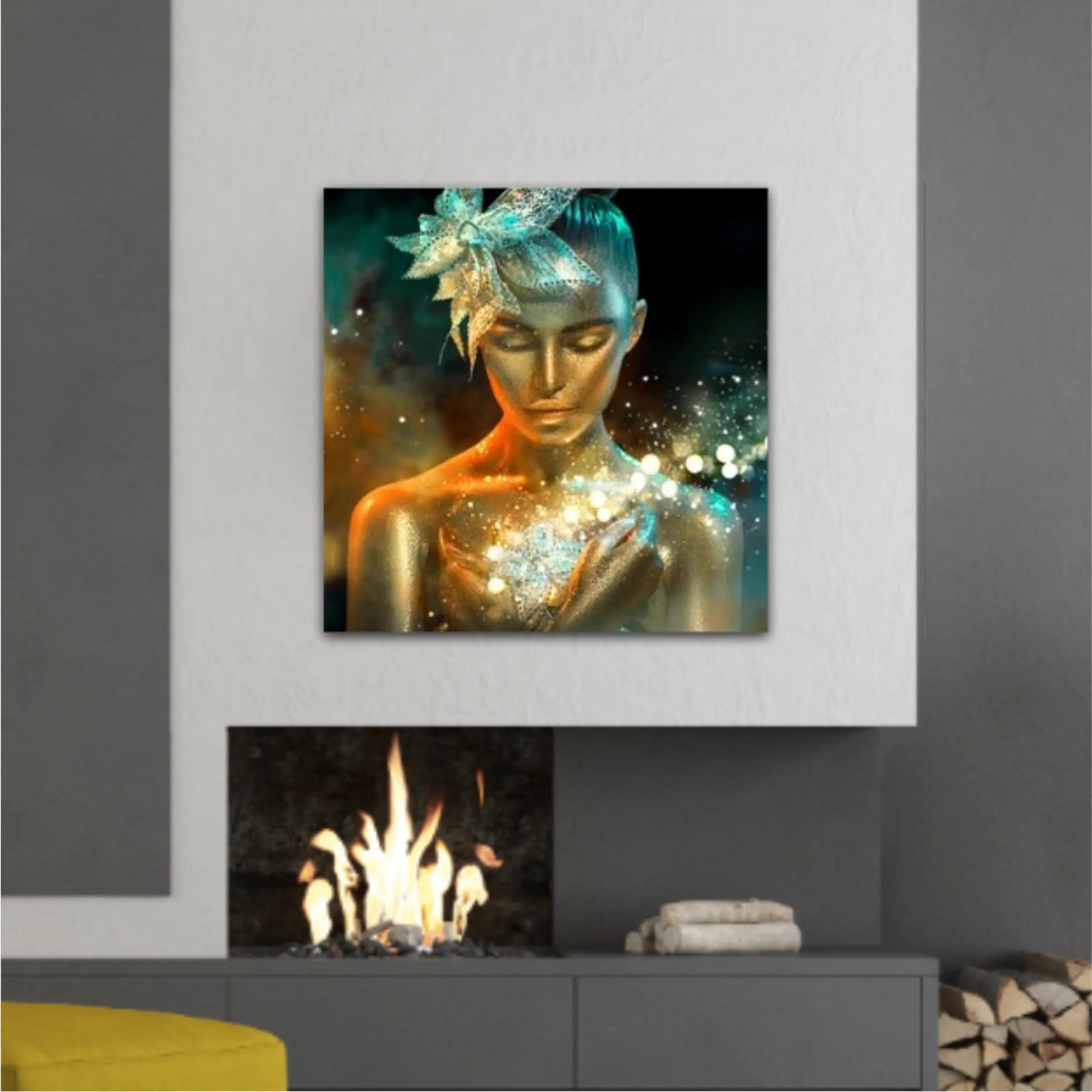 High Fashion model woman in colorful bright golden sparkles and neon lights posing with fantasy flower, portrait of beautiful girl glowing make-up