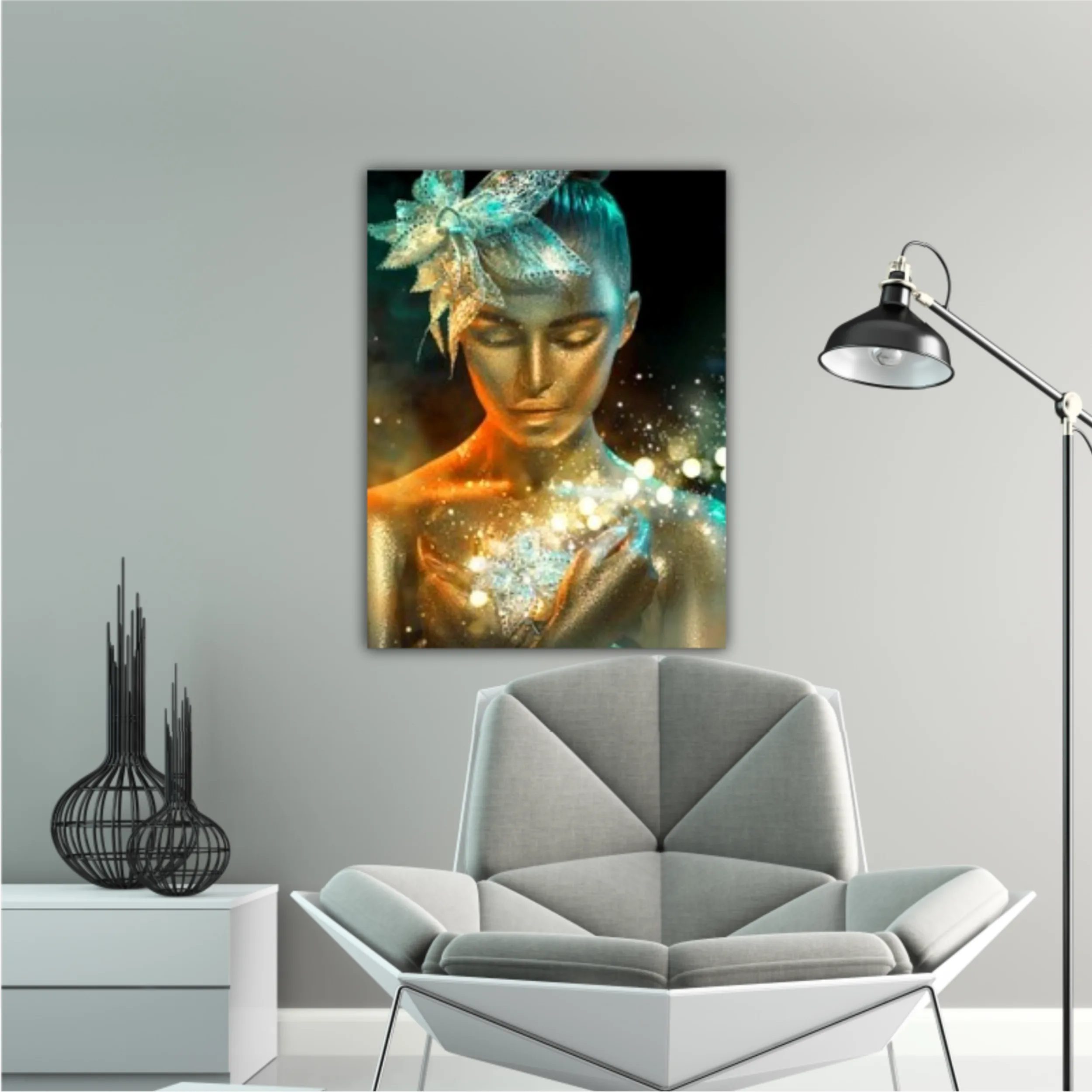 High Fashion model woman in colorful bright golden sparkles and neon lights posing with fantasy flower, portrait of beautiful girl glowing make-up