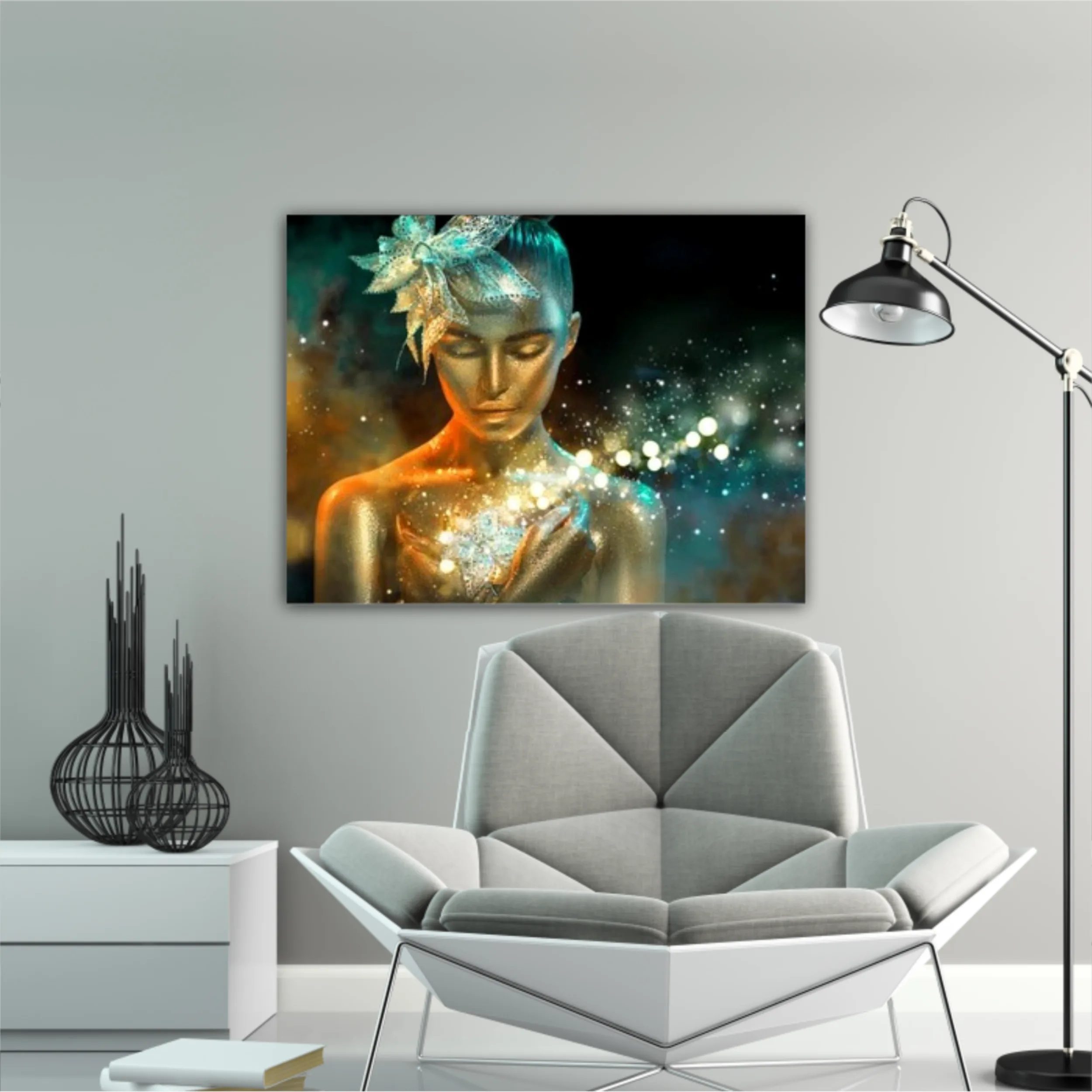 High Fashion model woman in colorful bright golden sparkles and neon lights posing with fantasy flower, portrait of beautiful girl glowing make-up