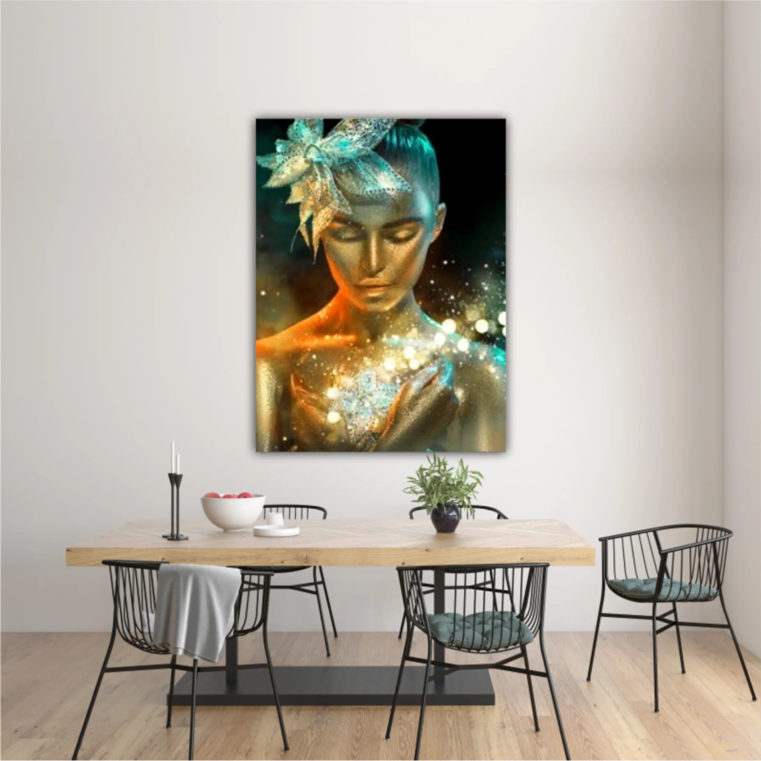 High Fashion model woman in colorful bright golden sparkles and neon lights posing with fantasy flower, portrait of beautiful girl glowing make-up