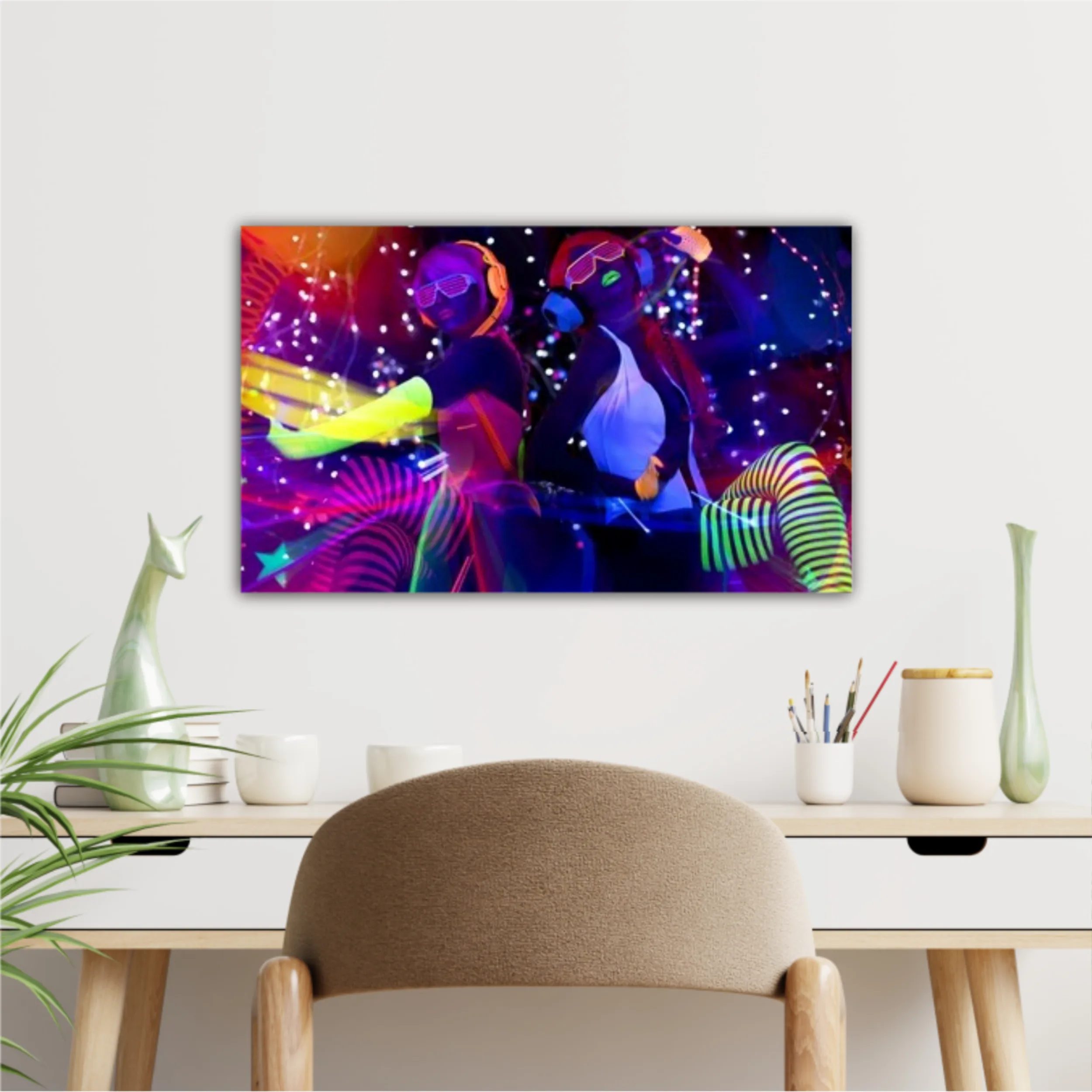 2 sexy cyber glow raver women filmed in fluorescent clothing under UV black light