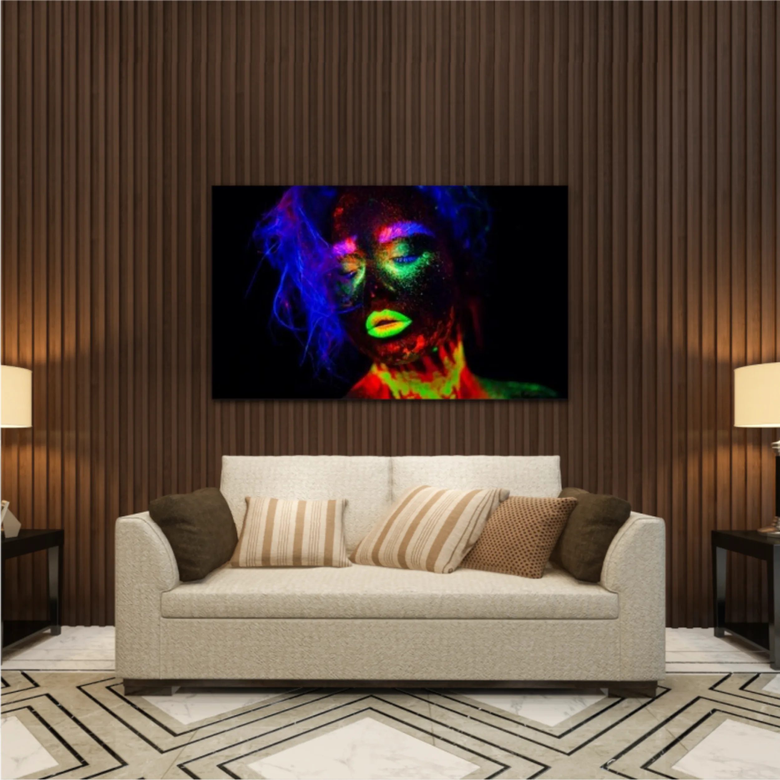 It is portrait of beautiful model with fluorescent make-up, Art design of female posing in UV with colorful make up