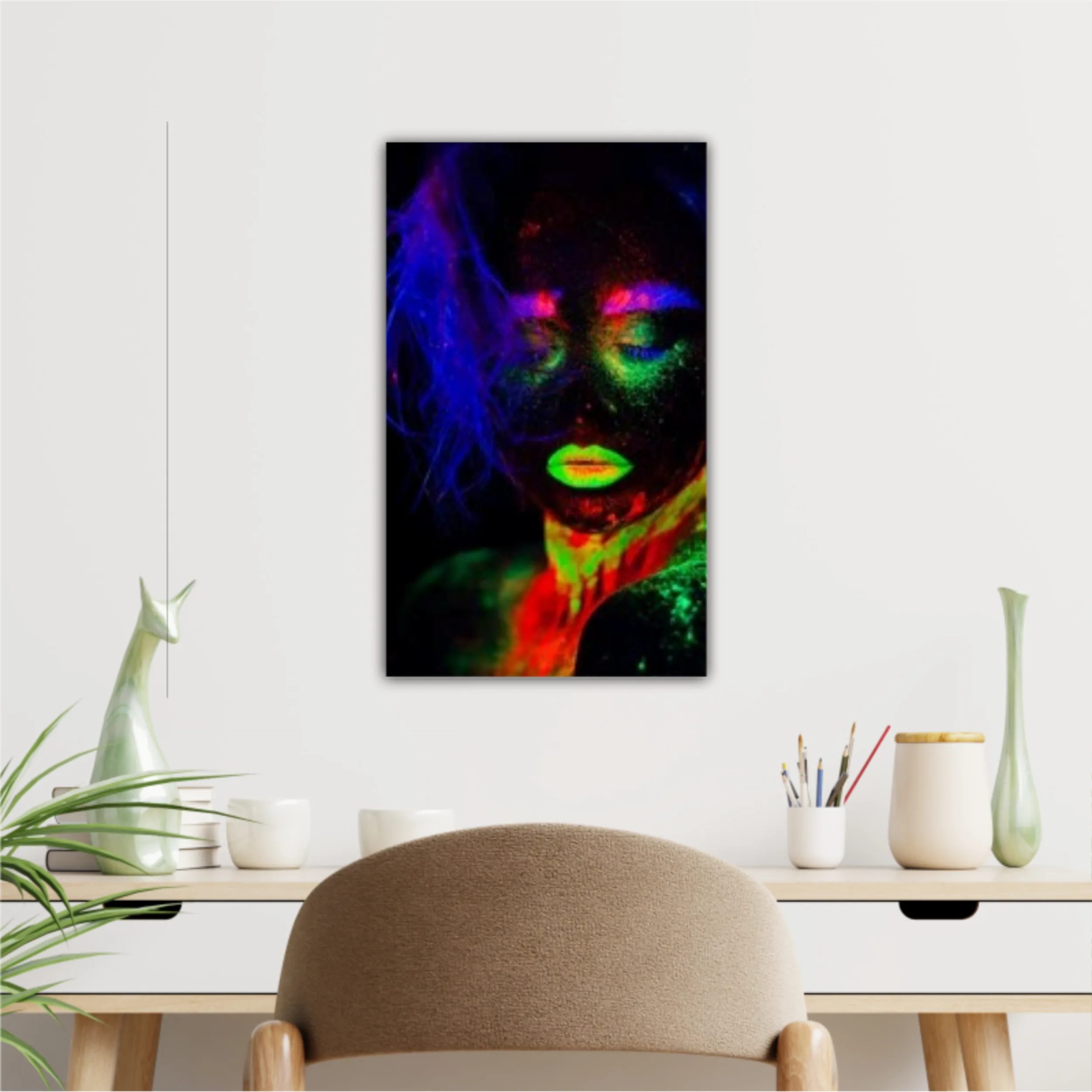 It is portrait of beautiful model with fluorescent make-up, Art design of female posing in UV with colorful make up