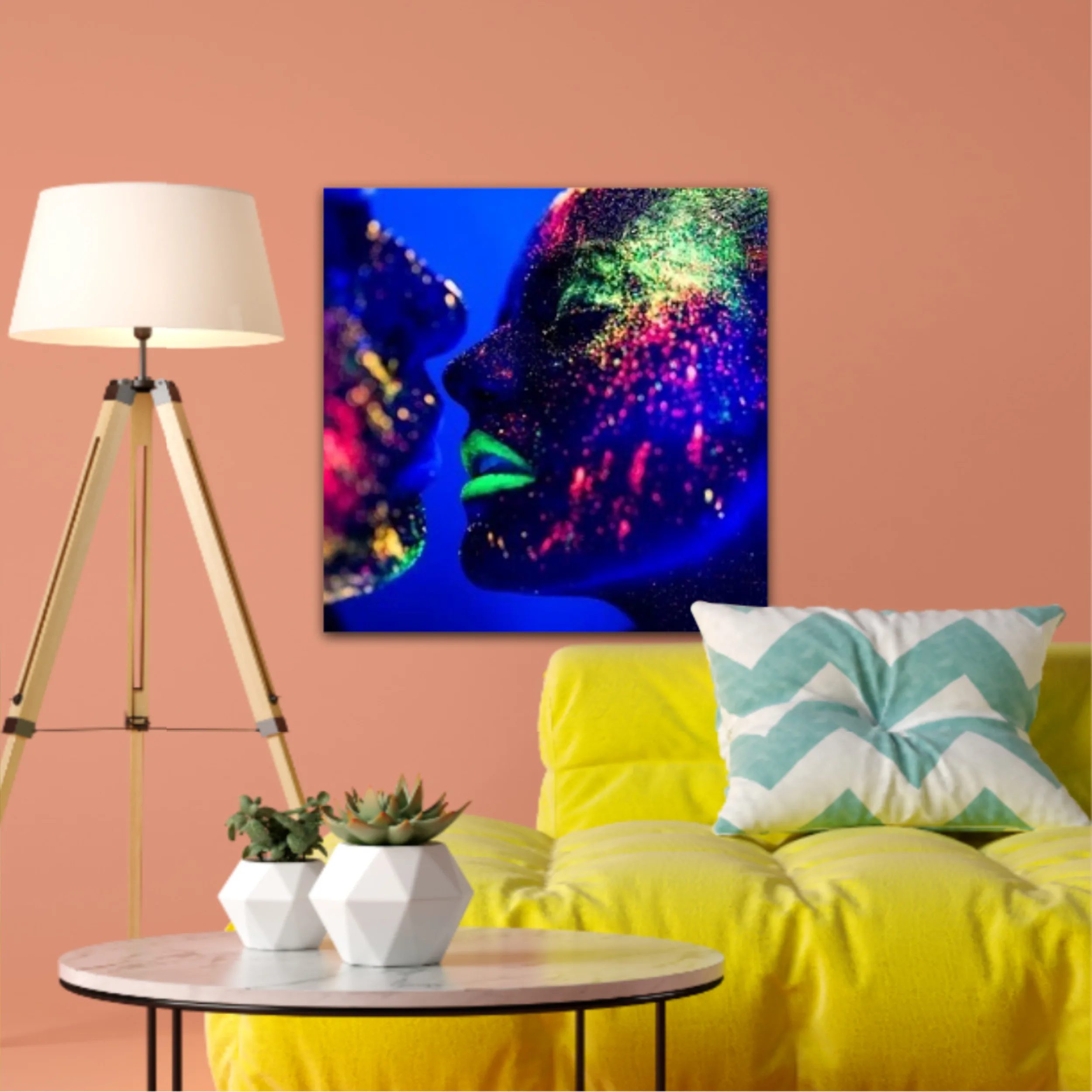 people are colored fluorescent powder. a pair of lovers dancing at a disco