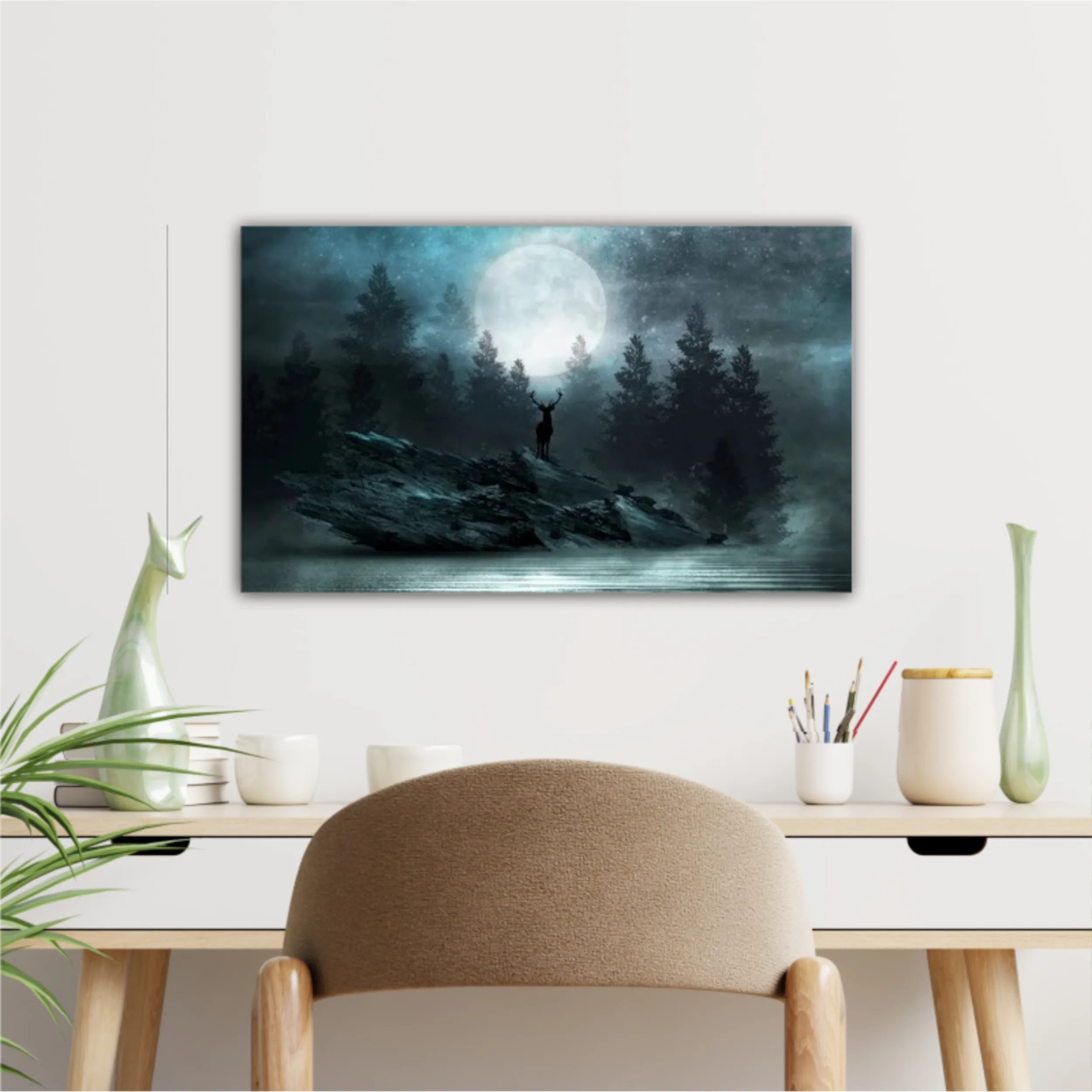 Dark natural forest scene with reflection of moonlight in the water, neon blue light. Dark neon circle background, dark forest, deer