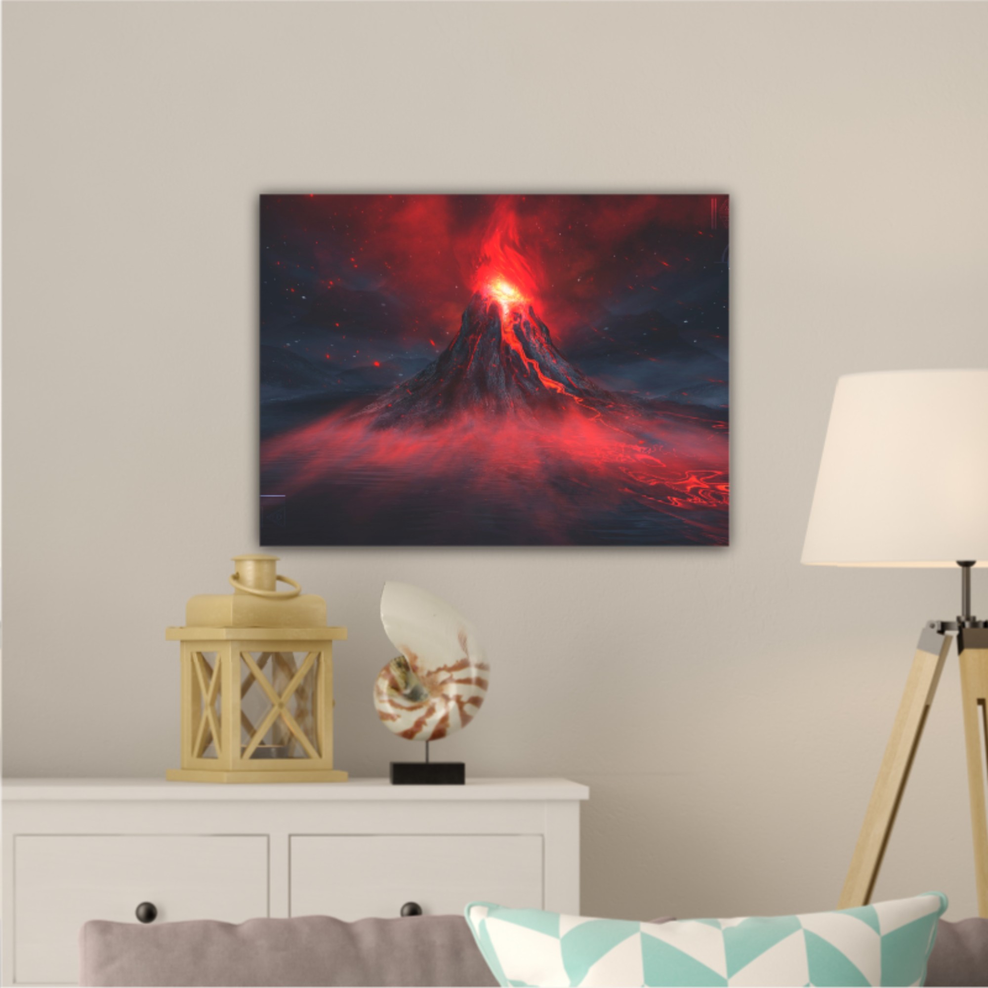 Explosive volcano with burning lava, neon light. Dark Futuristic natural scene with reflection of light in the water. 3D
