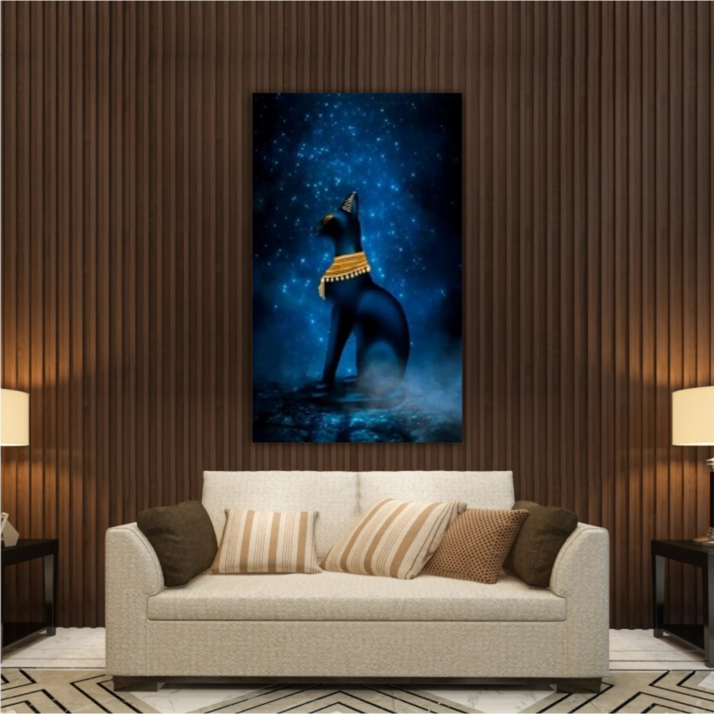 Dark night magic scene. Egyptian goddess Bastet, a statuette of a black Egyptian cat on a background of an old cobblestone road. Blue neon, moonlight at night