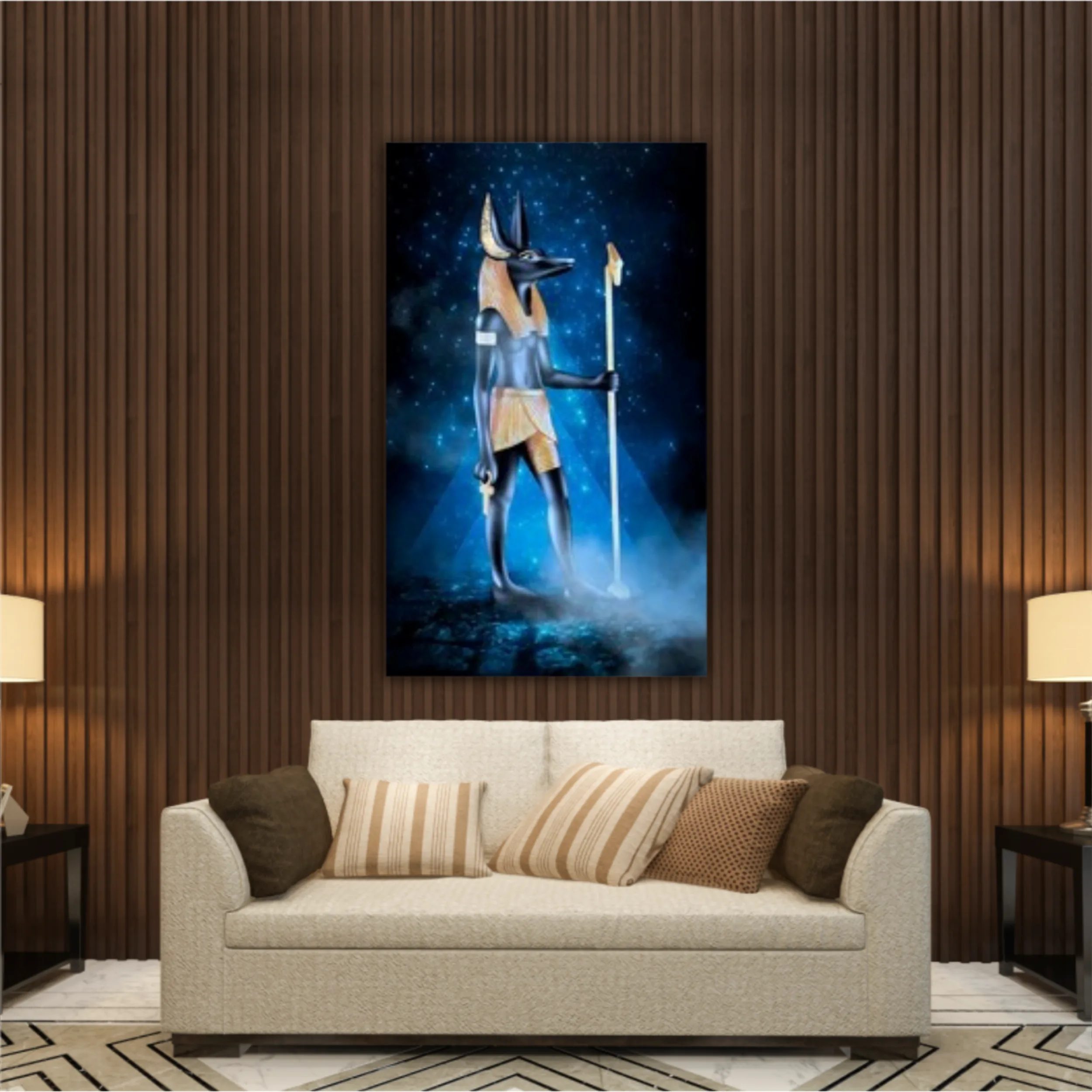 Dark night magic scene. Egyptian god Anubis on the background of the old cobblestone road. Blue neon, moonlight at night