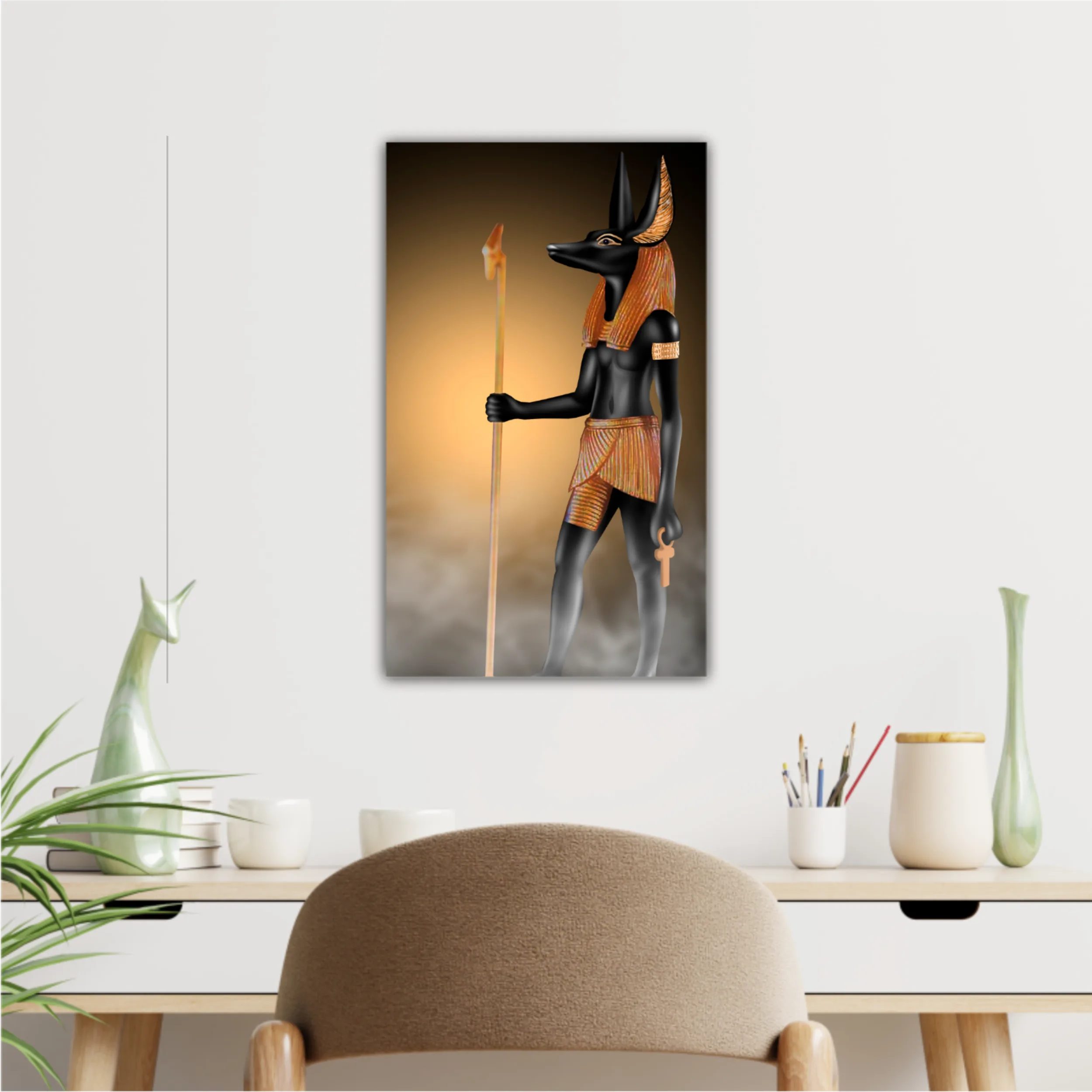 Anubis of Ancient Egypt (God of Death). Dark room with smoke, sparks from lights, rays of light.