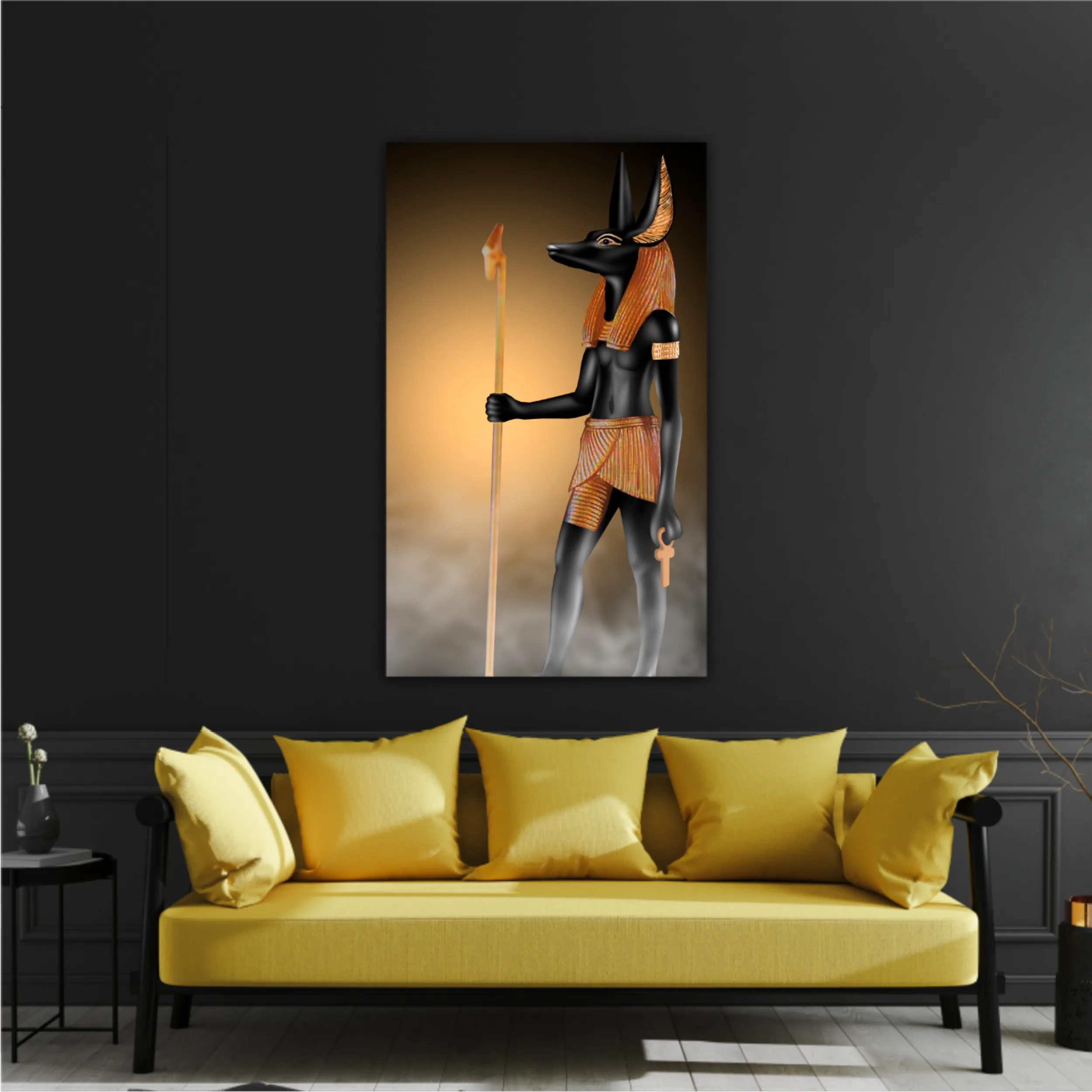 Anubis of Ancient Egypt (God of Death). Dark room with smoke, sparks from lights, rays of light.