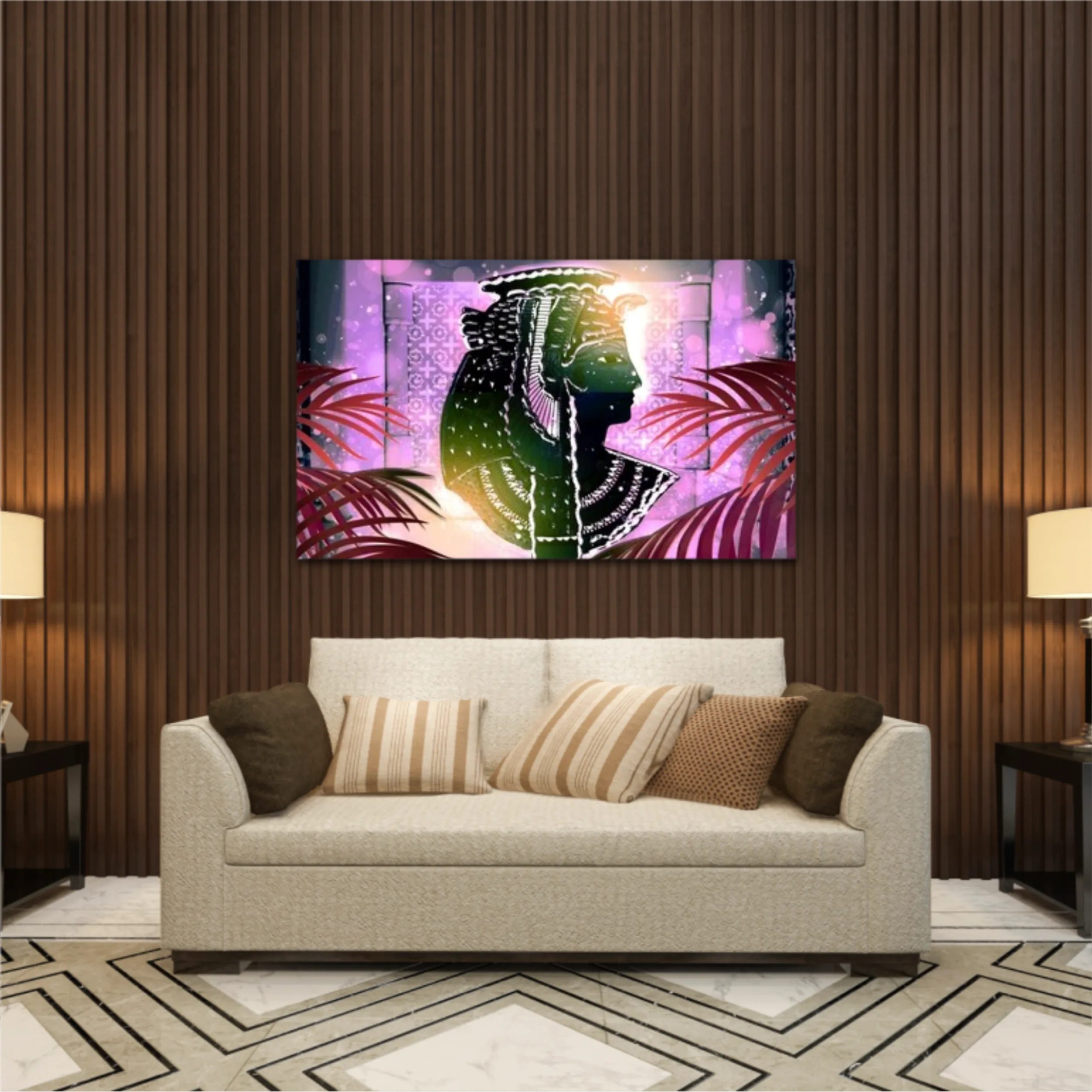 Eastern interior background with ornaments on the walls and columns, neon lights, rays of sunlight, bokeh. 3D