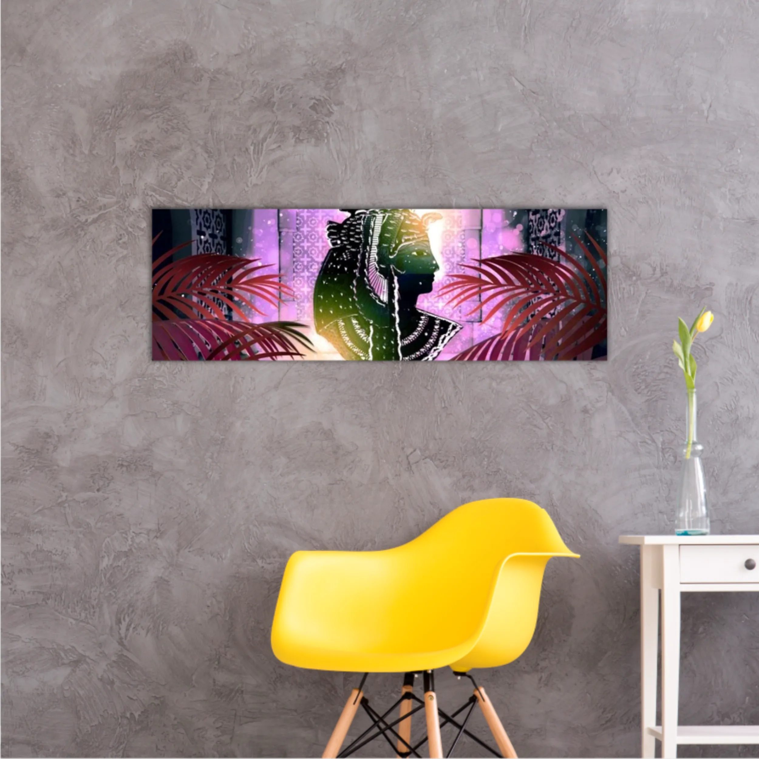 Eastern interior background with ornaments on the walls and columns, neon lights, rays of sunlight, bokeh. 3D