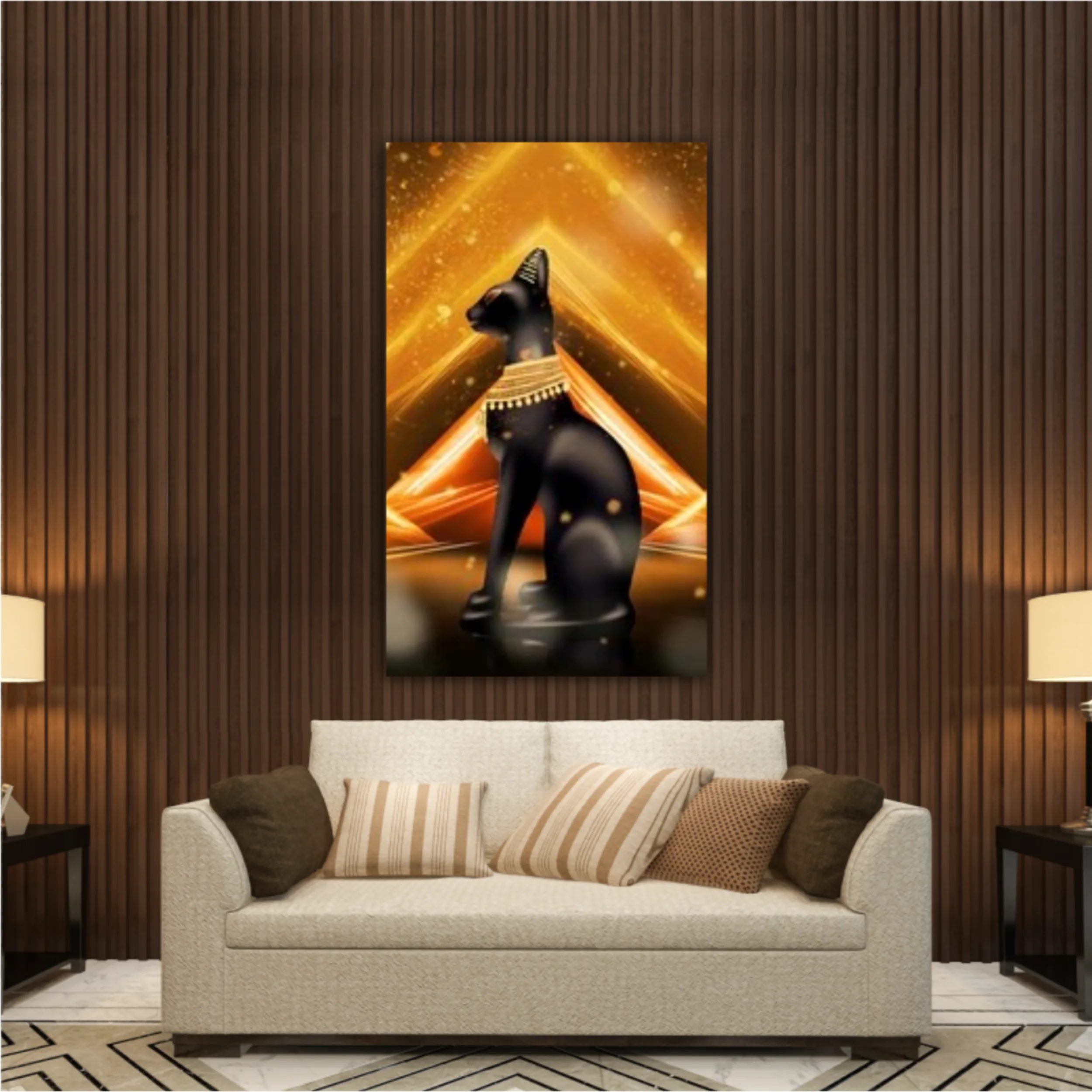 Egyptian background, a hall with columns in the golden light, the rays of light. Egyptian goddess Bastet. Background Ancient Egypt. 3D illustration