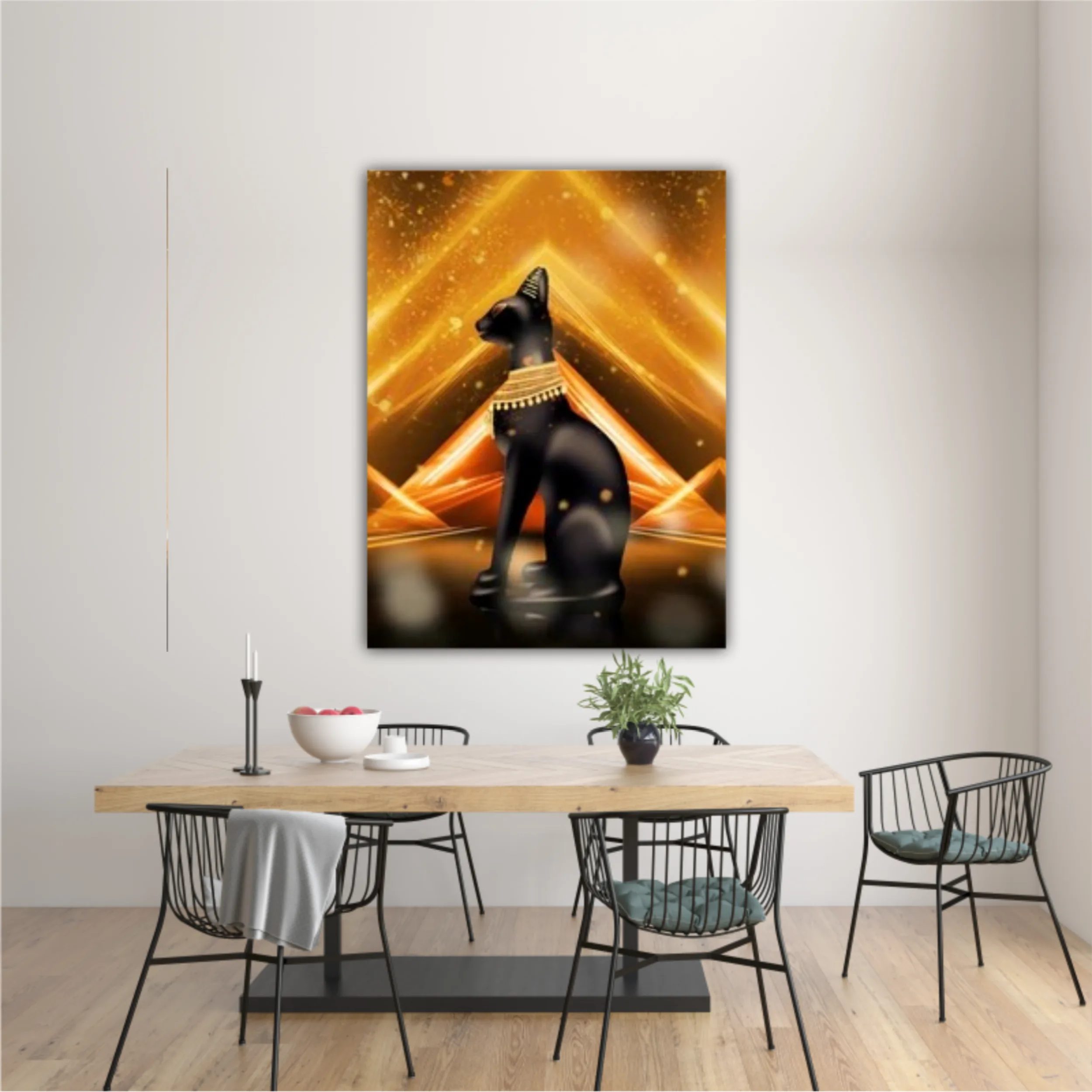 Egyptian background, a hall with columns in the golden light, the rays of light. Egyptian goddess Bastet. Background Ancient Egypt. 3D illustration