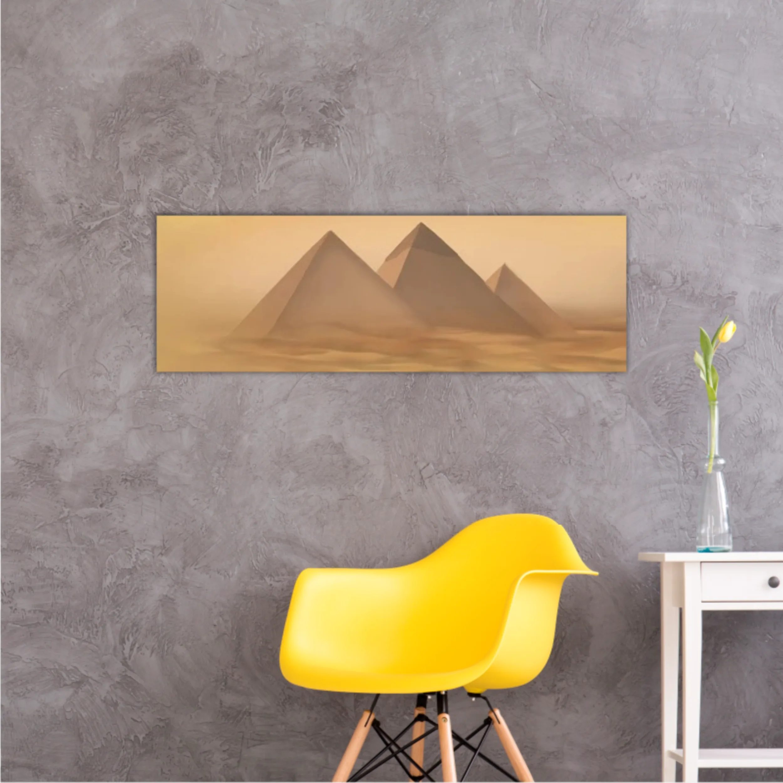 Desert landscape with pyramids. Sandstorm, camel caravan