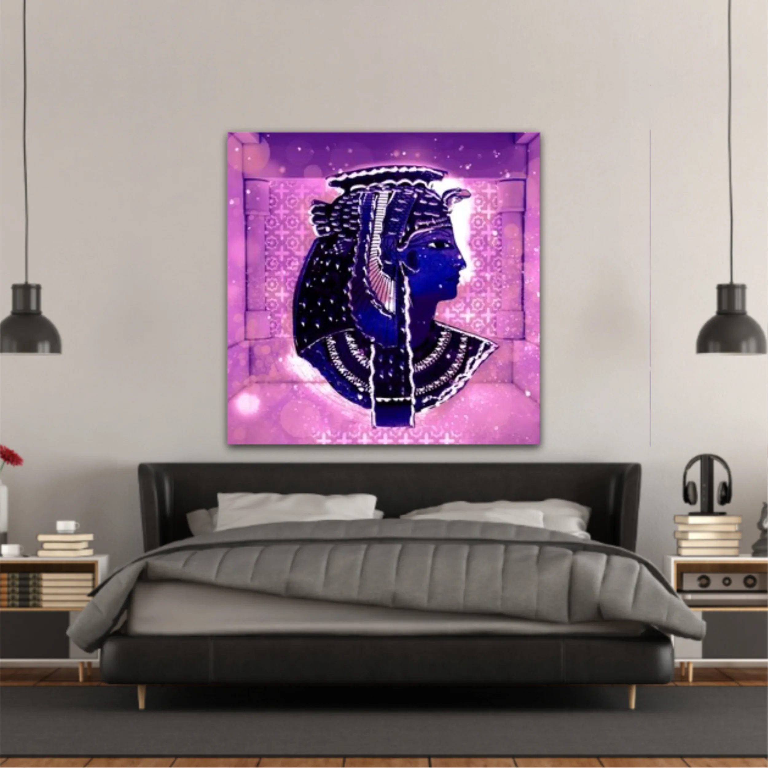 Cleopatra. Eastern interior background with ornaments on the walls and columns, neon lights, rays of sunlight, bokeh. 3D rendering