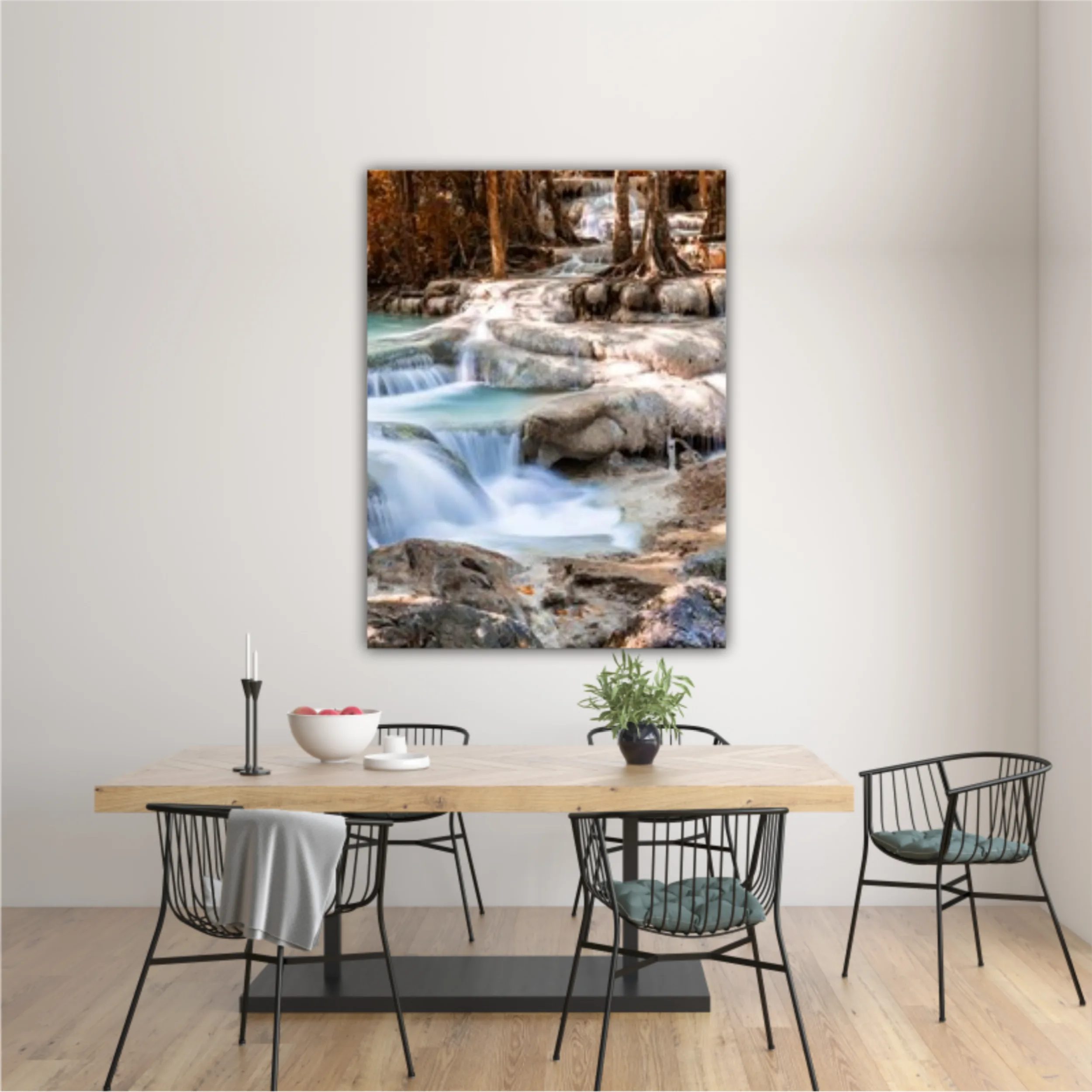 Waterfall and blue emerald water in autumn forest
