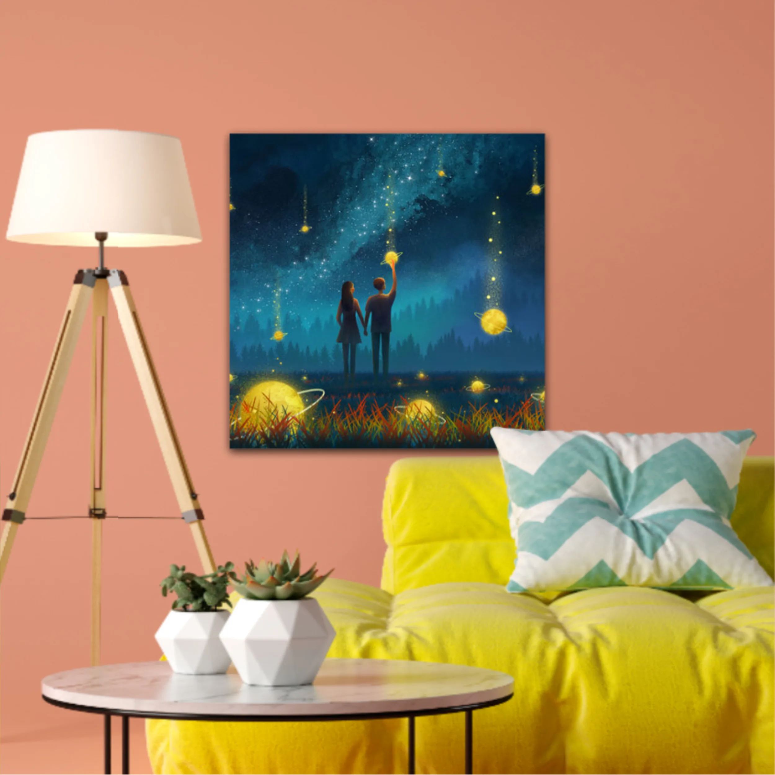 A pair of lovers stand in the middle of the planet.Air drop in the air.Surreal painting