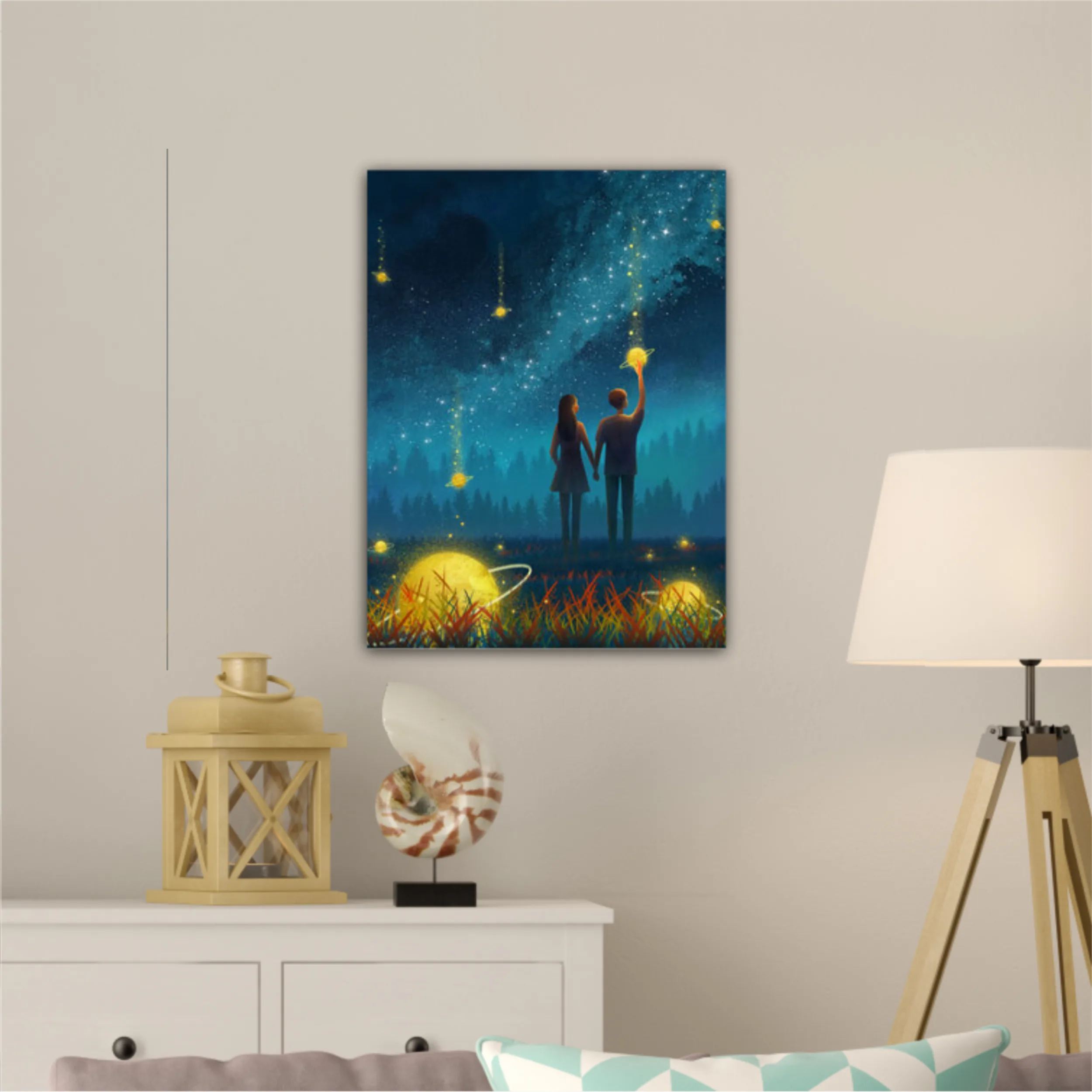 A pair of lovers stand in the middle of the planet.Air drop in the air.Surreal painting