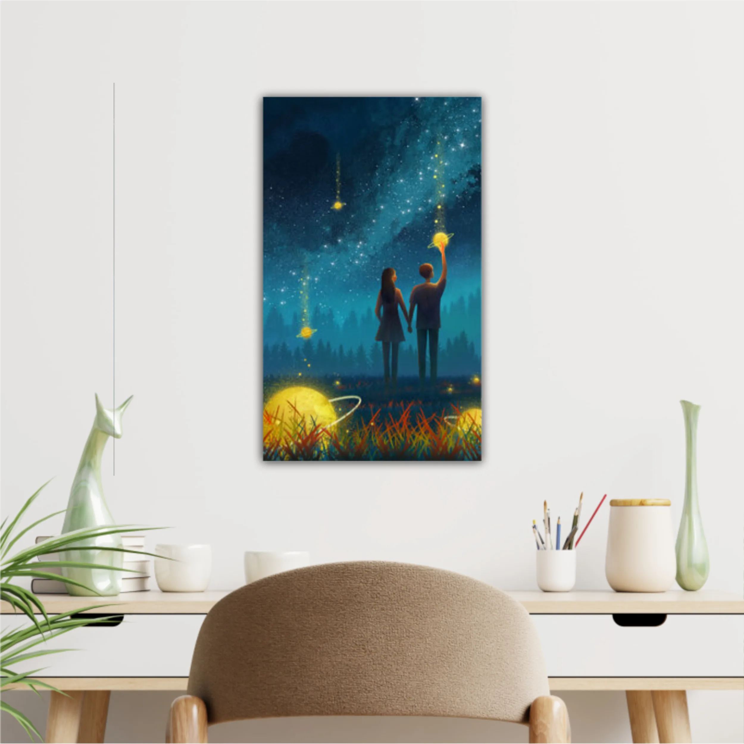 A pair of lovers stand in the middle of the planet.Air drop in the air.Surreal painting