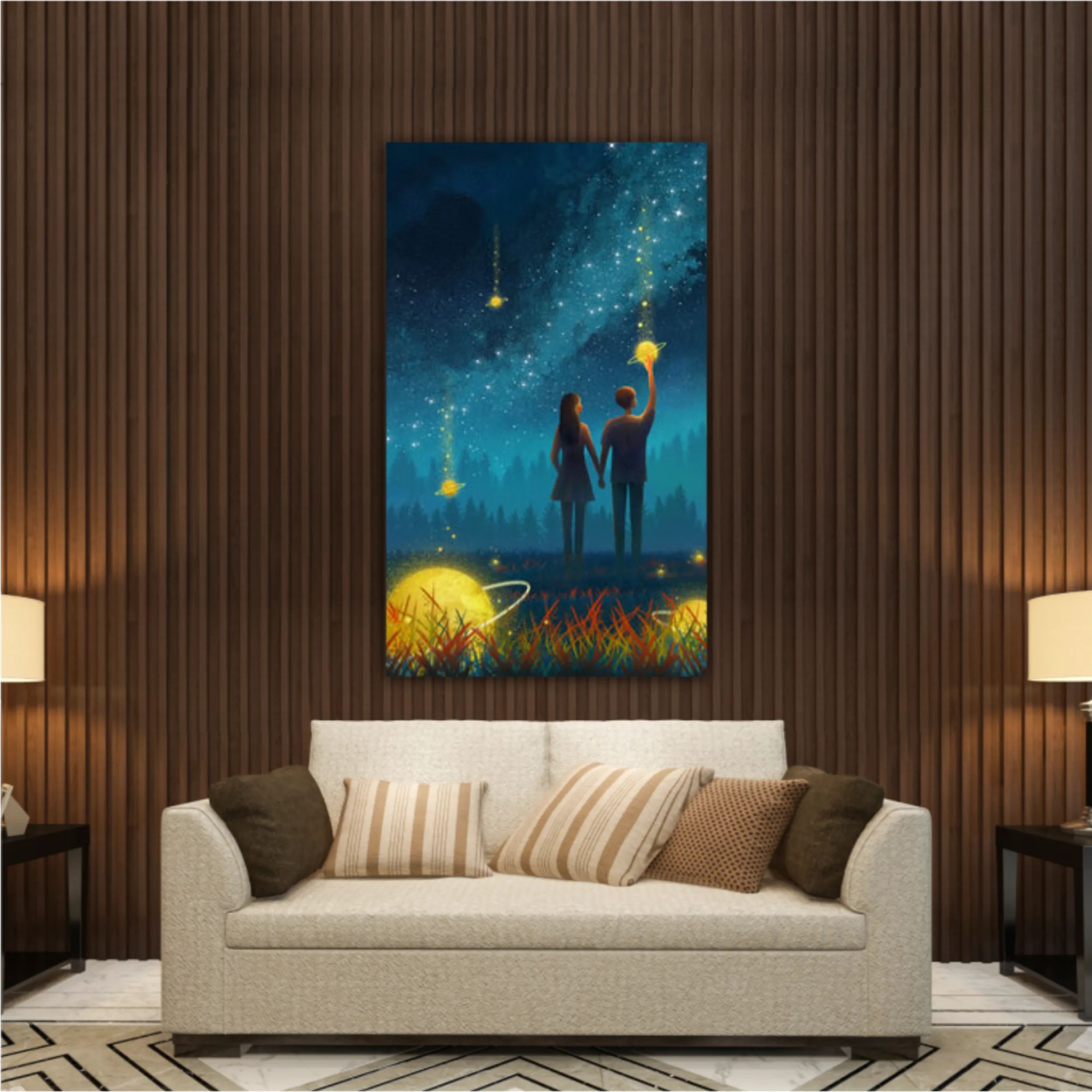 A pair of lovers stand in the middle of the planet.Air drop in the air.Surreal painting