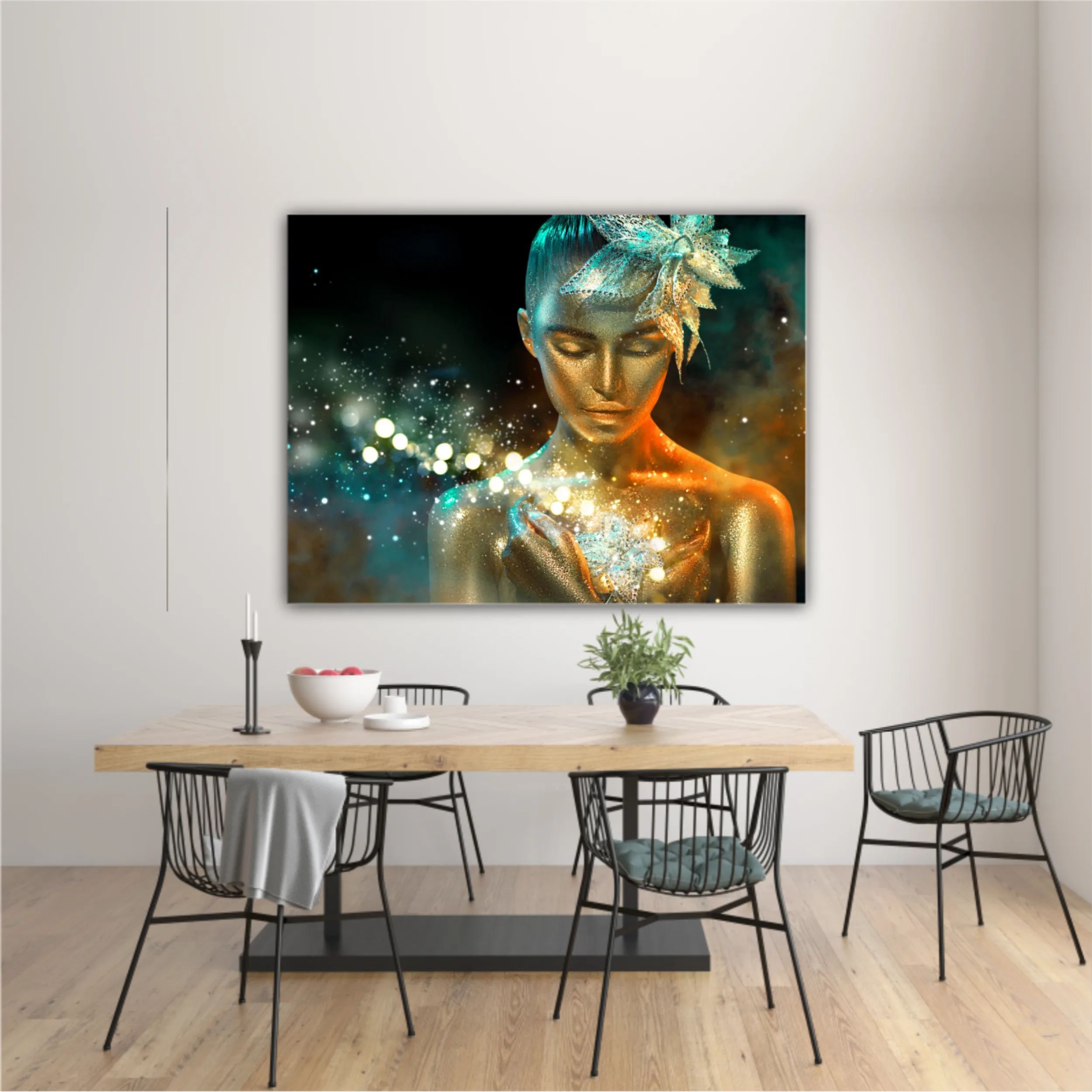 High Fashion model woman in colorful bright golden sparkles and neon lights posing with fantasy flower, portrait of beautiful girl glowing make-up