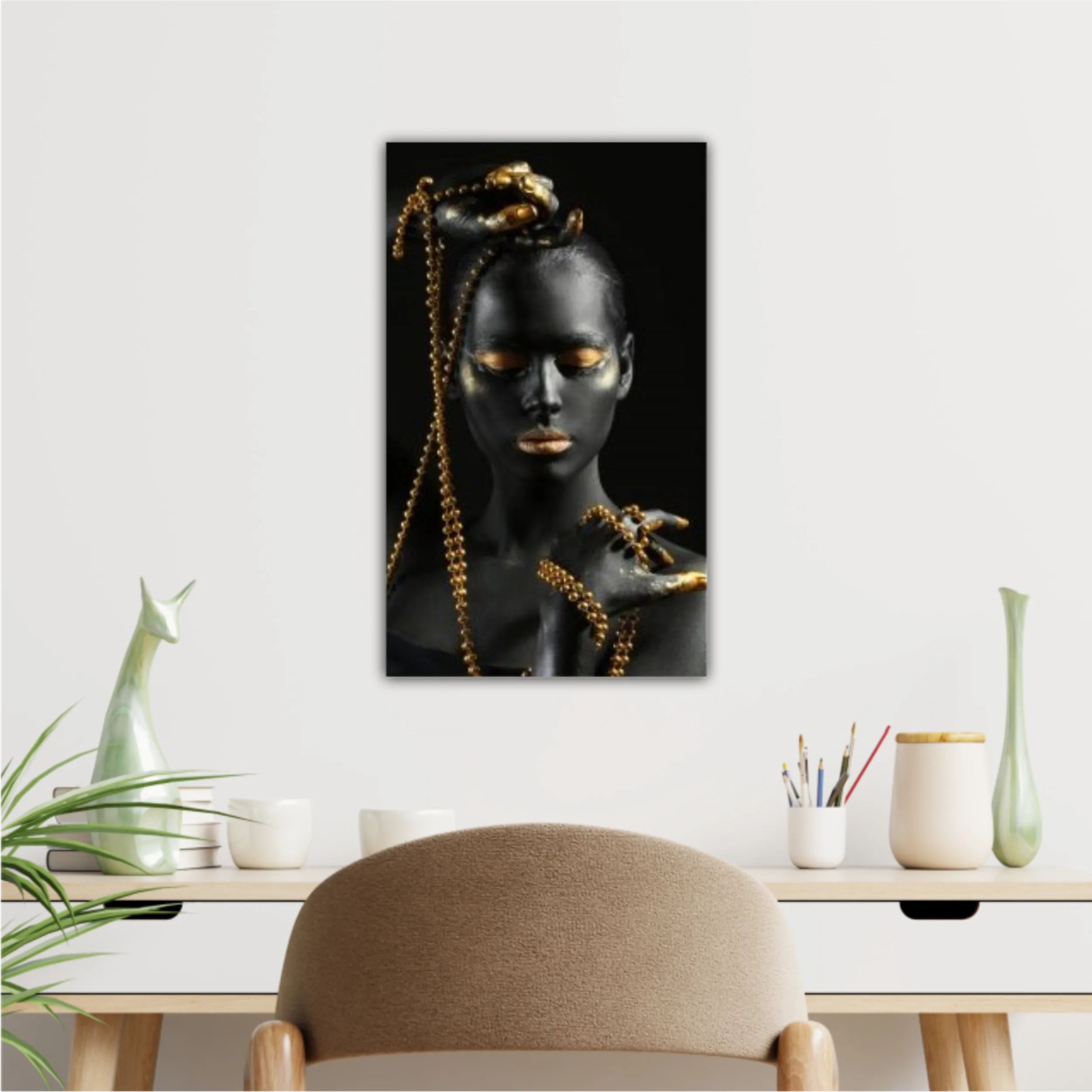 Model girl with holiday golden Glamour shiny professional makeup. Gold jewellery, jewelry, accessories. Beauty gold metallic body, Lips and Skin