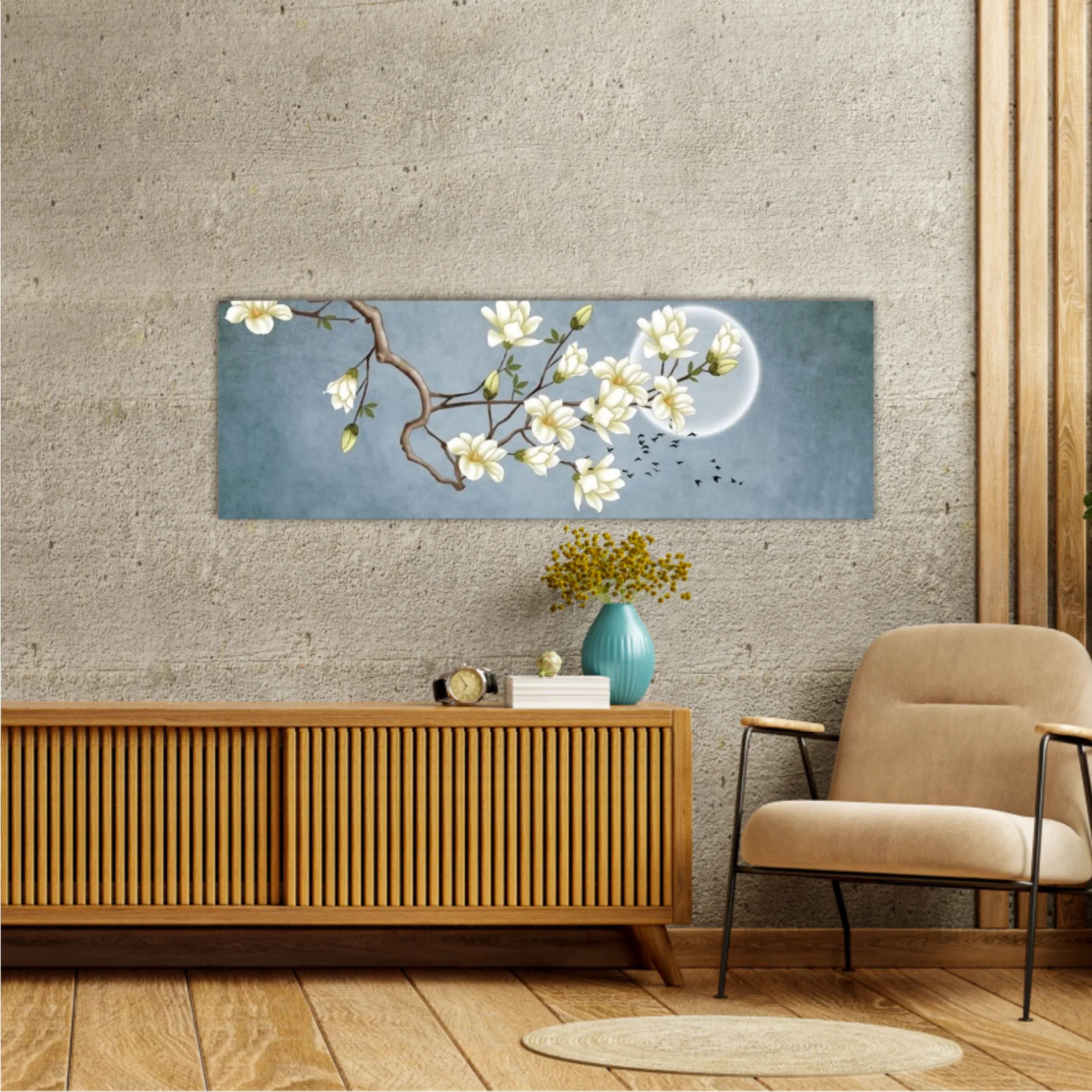 3d illustration of flowers, moon, flock of birds and mountains