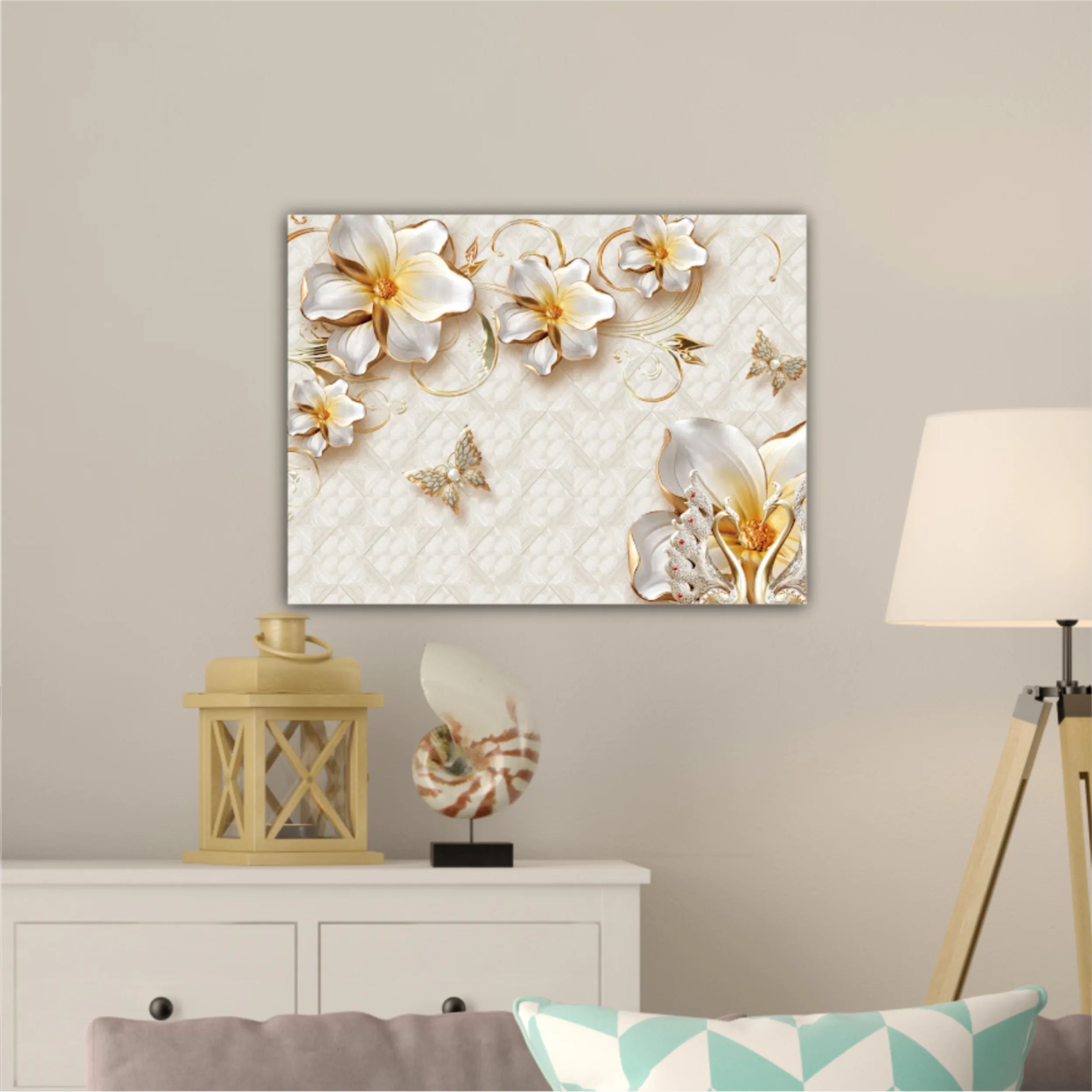 3d illustration of flowers, butterflies and swans