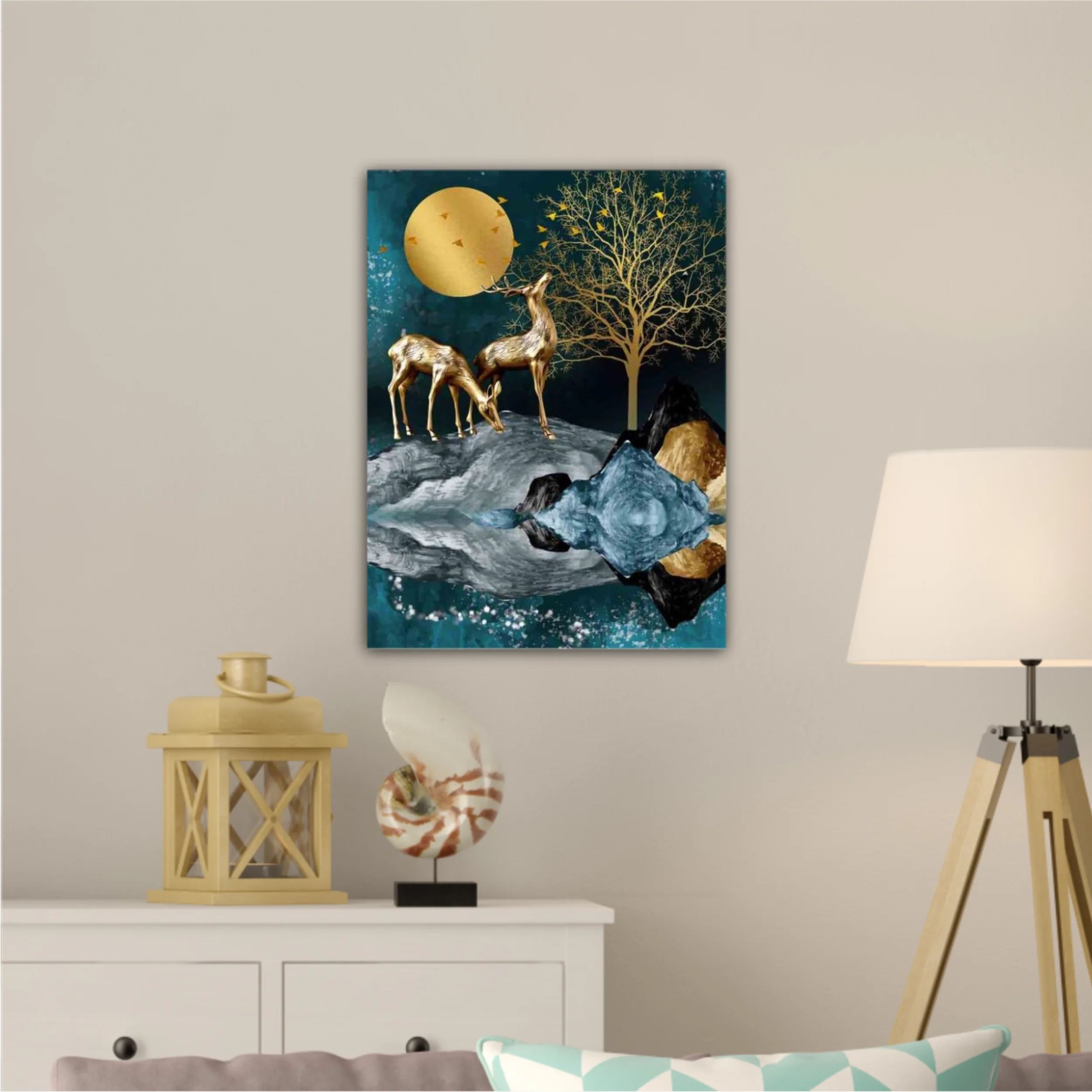 3d illustration of golden deer in the mountain. Luxurious abstract art digital painting