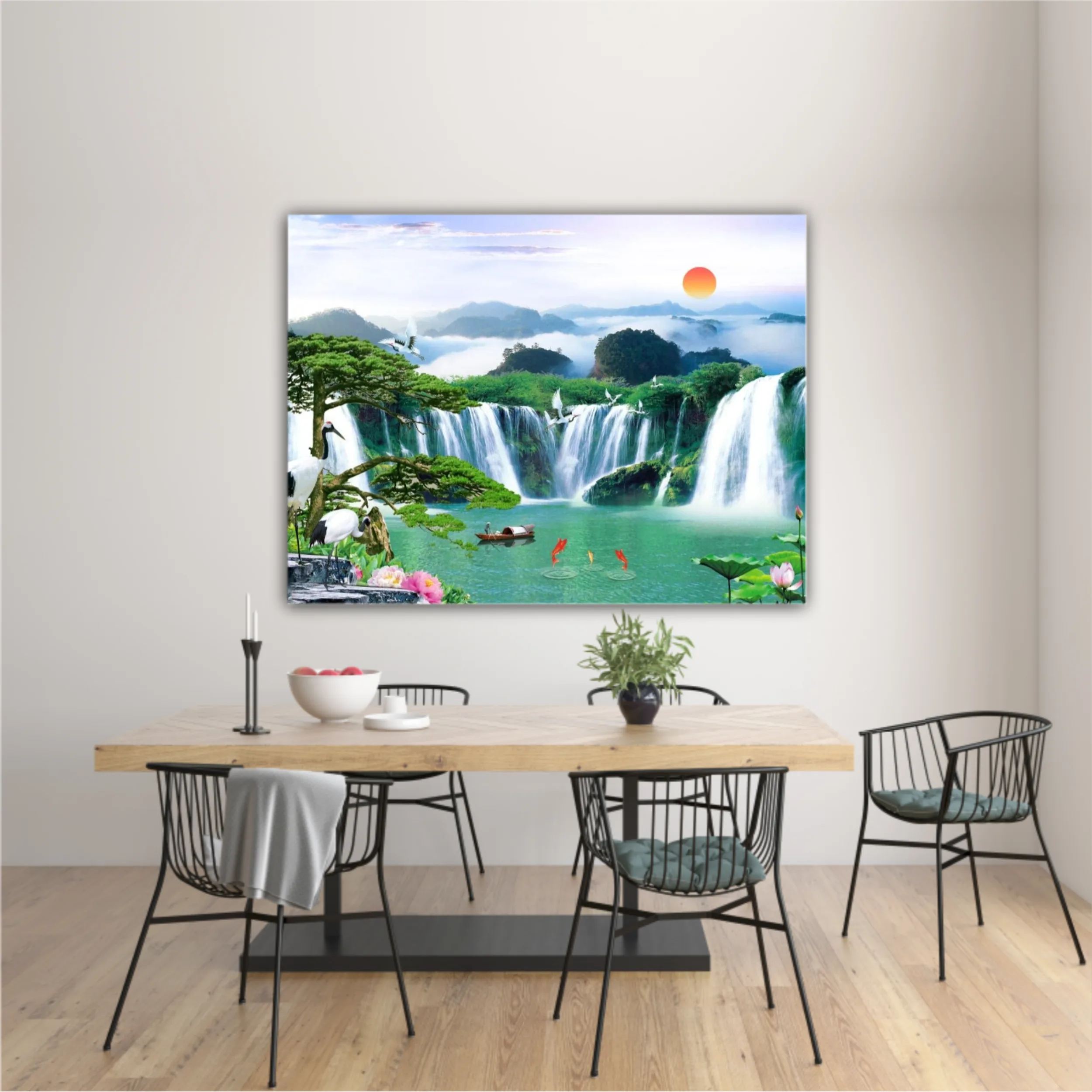 3d illustration of forest waterfall and bird