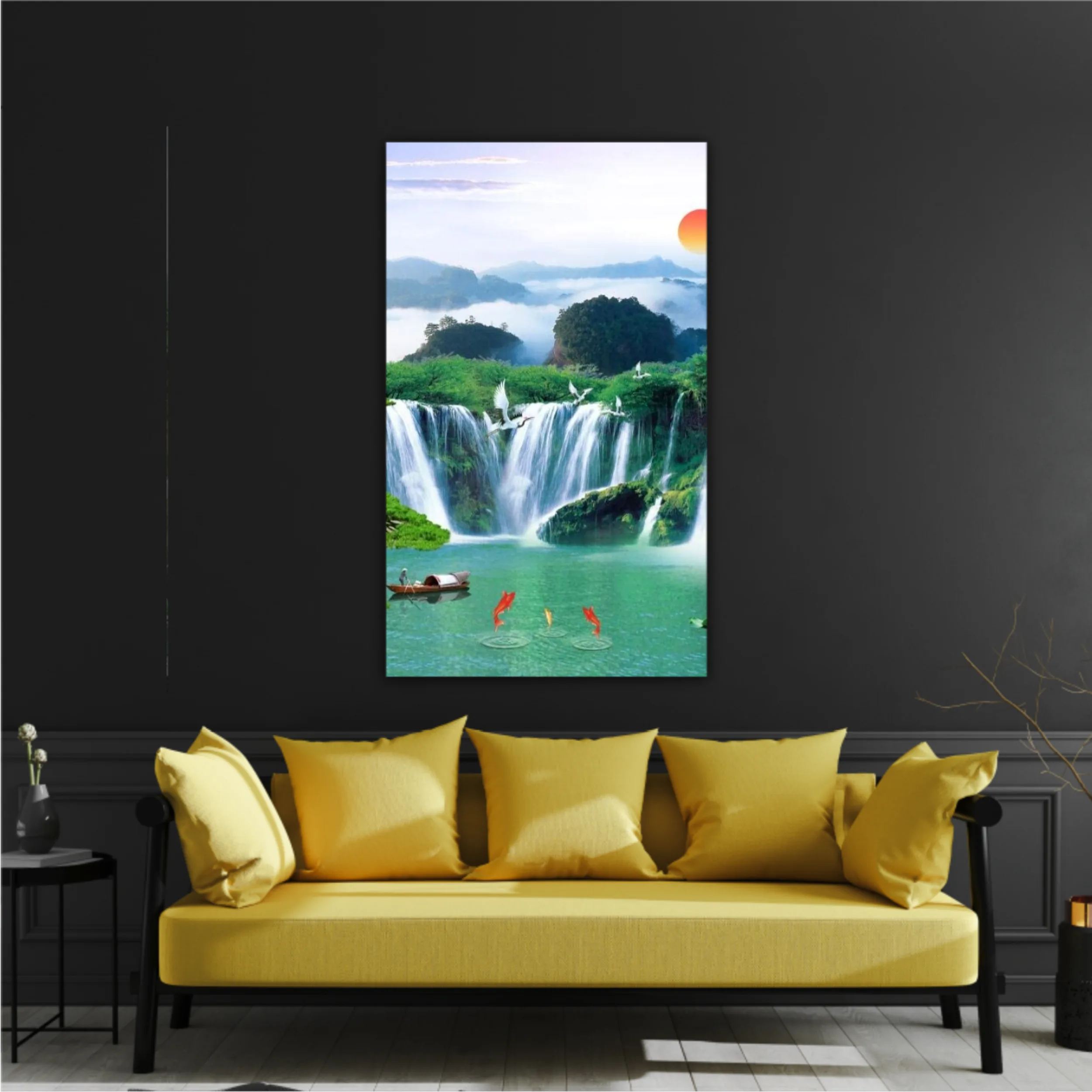 3d illustration of forest waterfall and bird