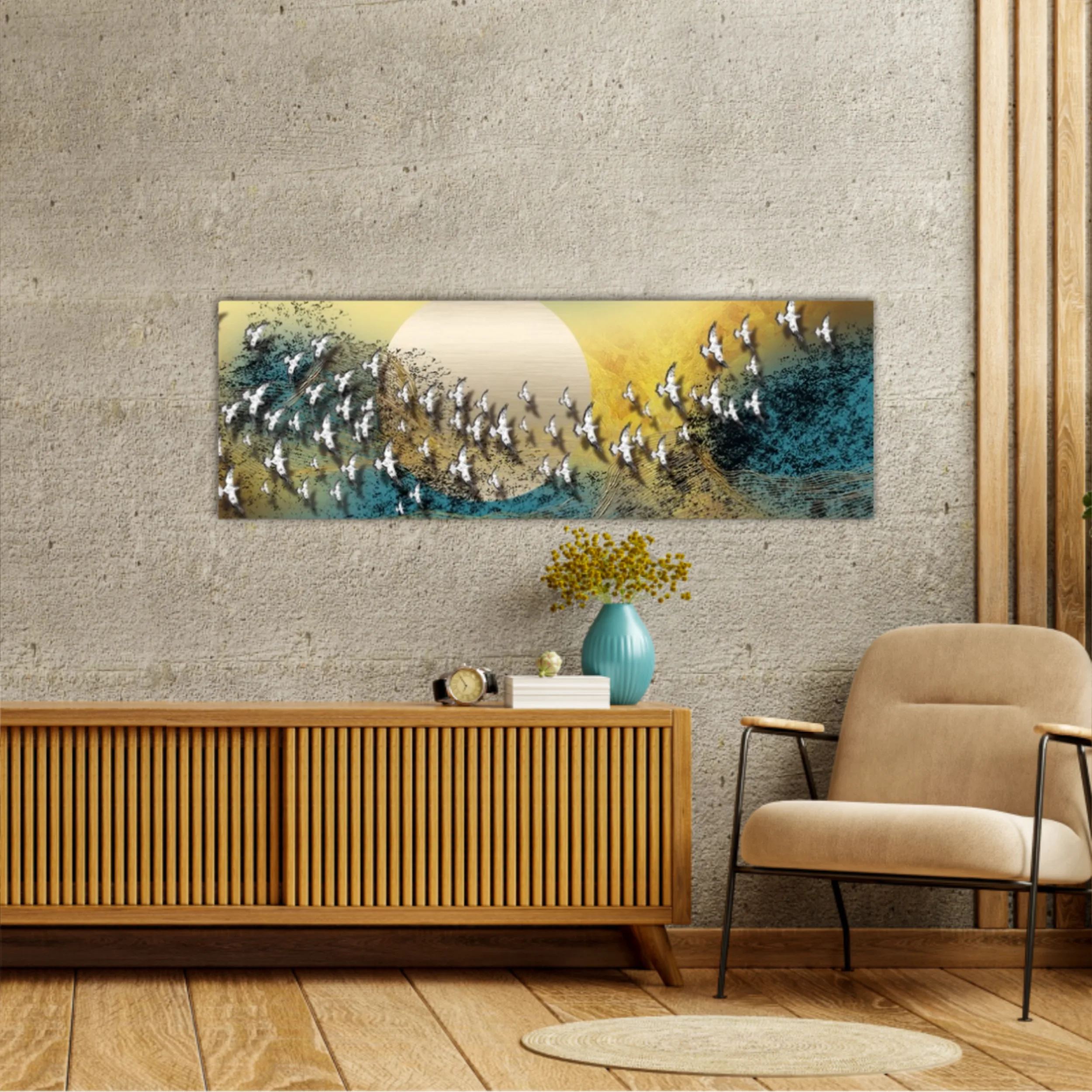 3d illustration of white flock of birds flying over the moon. Luxurious abstract art digital painting