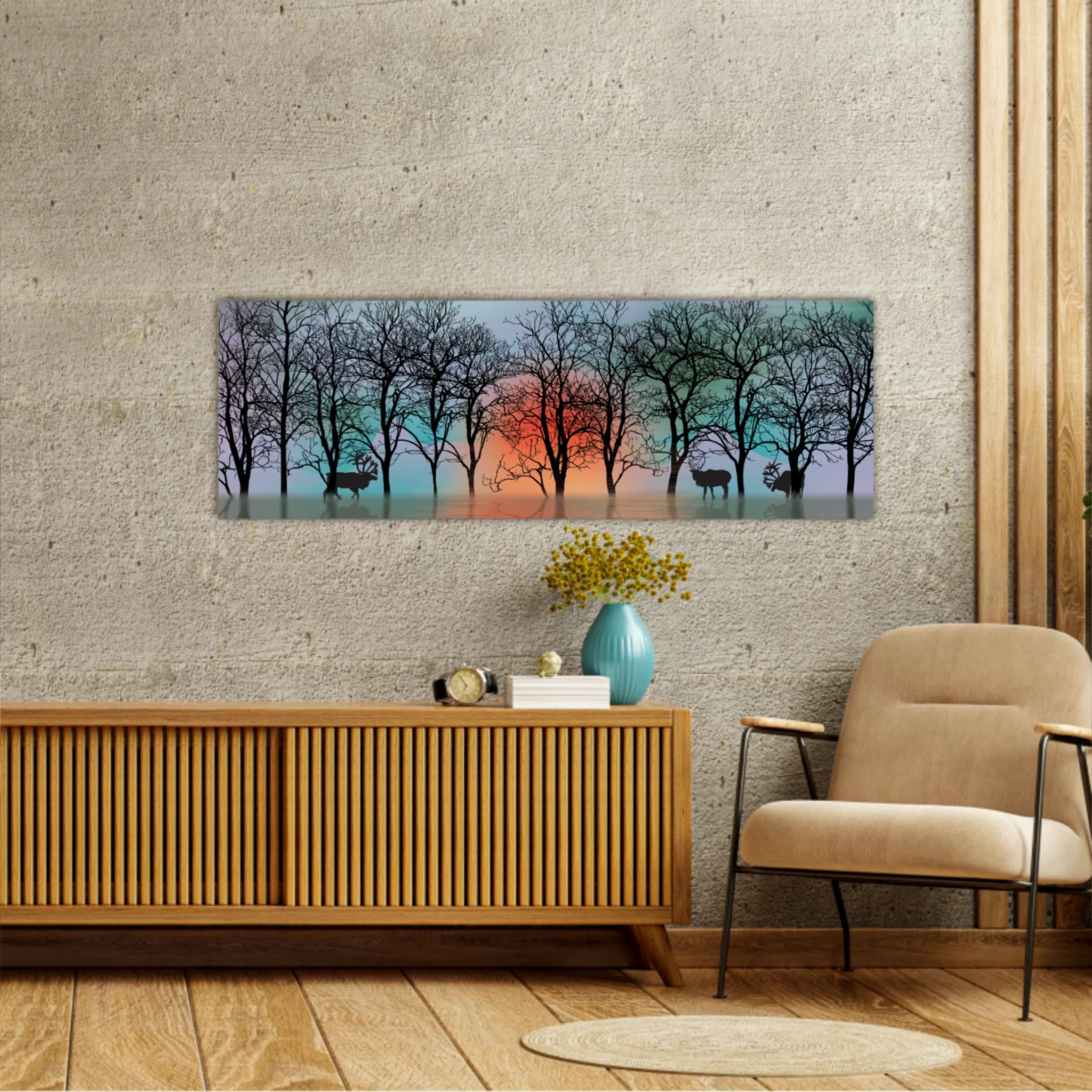 3d illustration of deer and forest, reflection of landscape. Luxurious abstract art digital painting