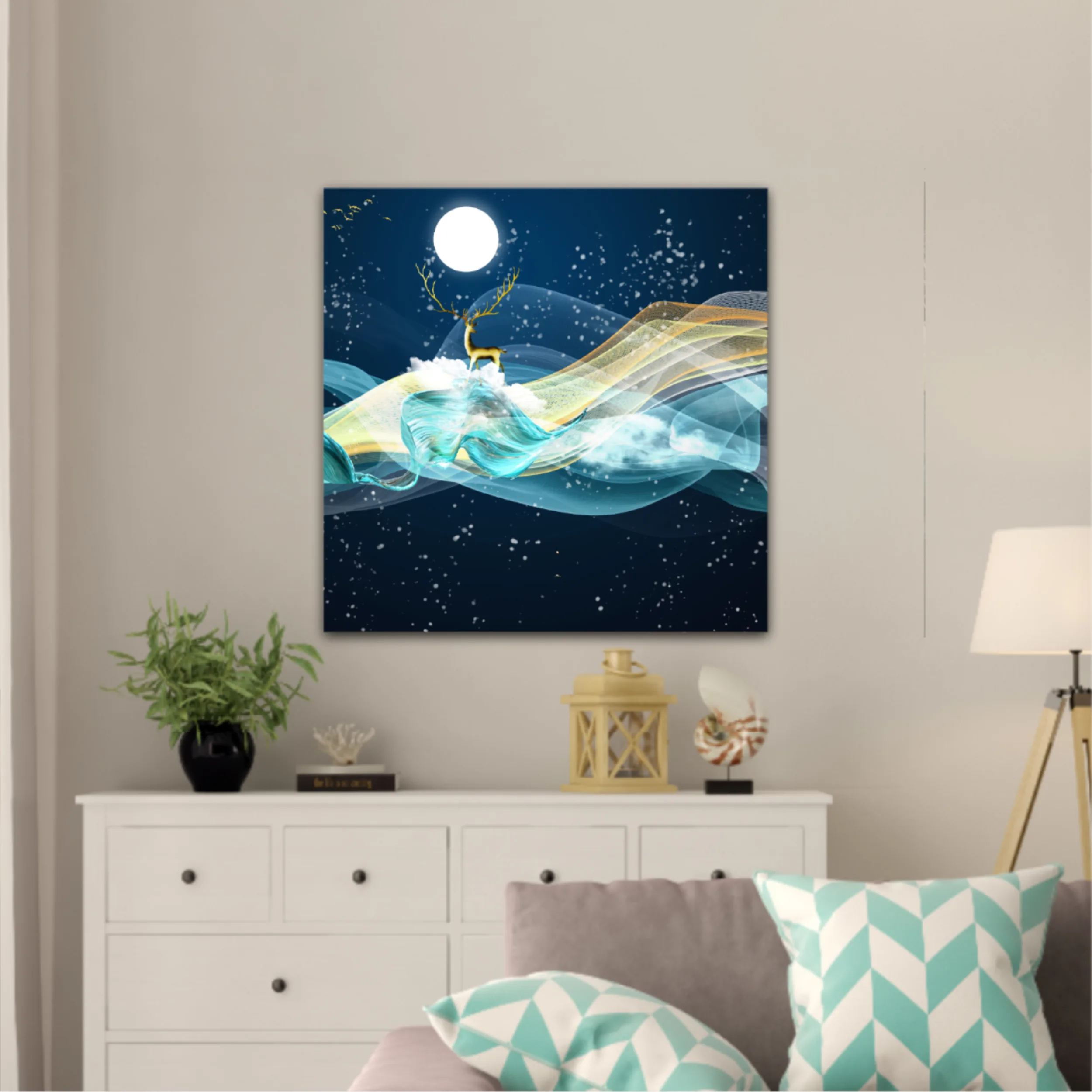 3d illustration of golden deer in the sky. Luxurious abstract art digital painting