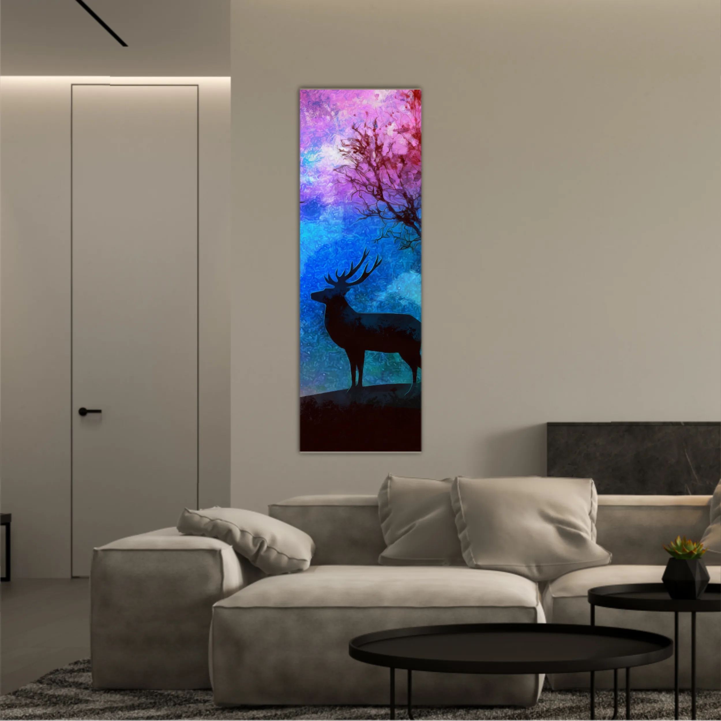 Landscape of the deer in a forest at night with dark blue misty background with moon
