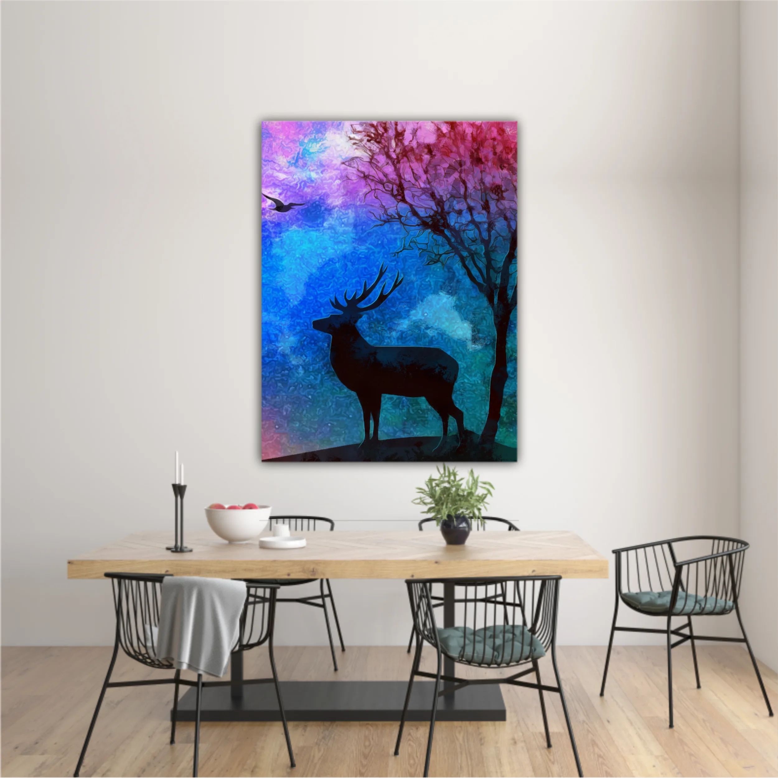 Landscape of the deer in a forest at night with dark blue misty background with moon