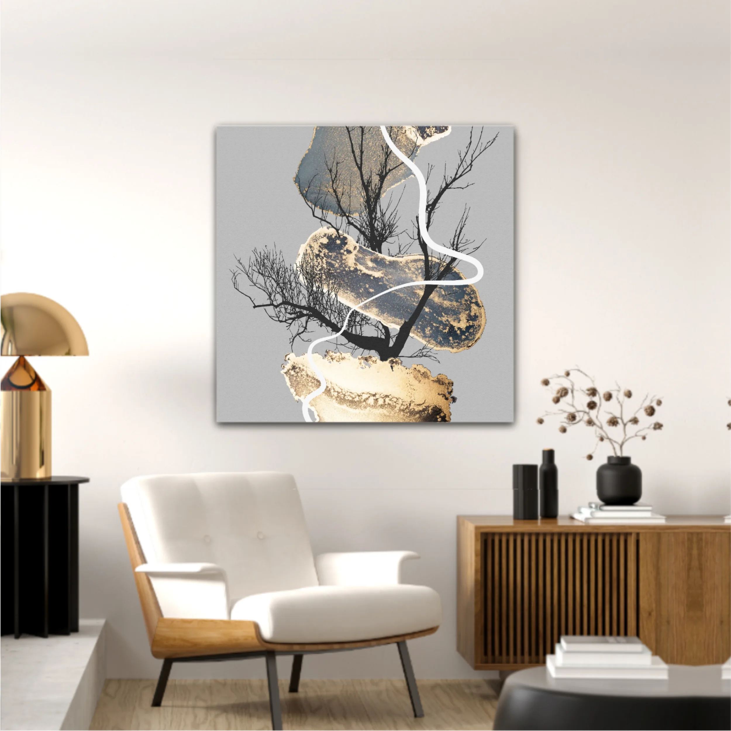 Abstract art background with glowing gold alcohol ink elements and geometric forms N1